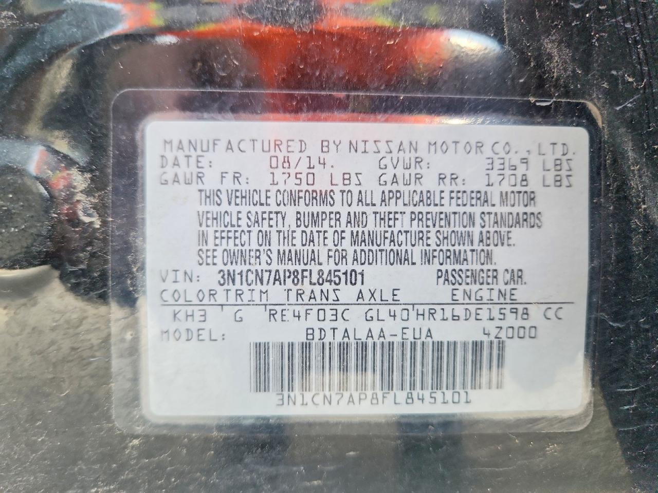 2015 Nissan Versa 1.6 S Black vin: 3N1CN7AP8FL845101