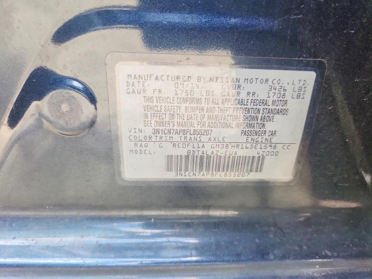 2015 Nissan Versa 1.6 S Plus Blue vin: 3N1CN7AP8FL855207
