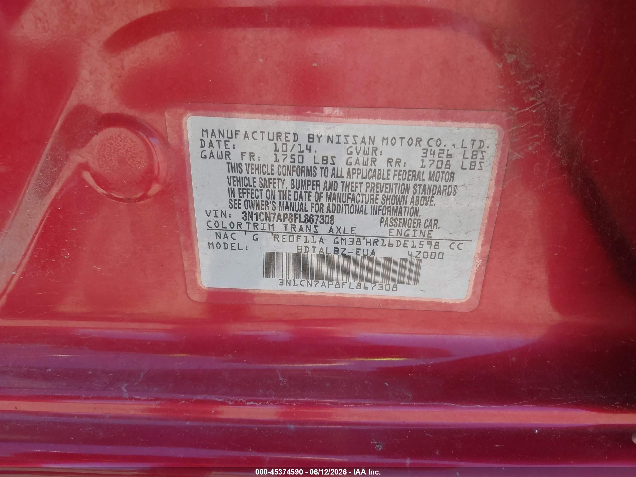 2015 Nissan Versa 1.6 Sv Red vin: 3N1CN7AP8FL867308