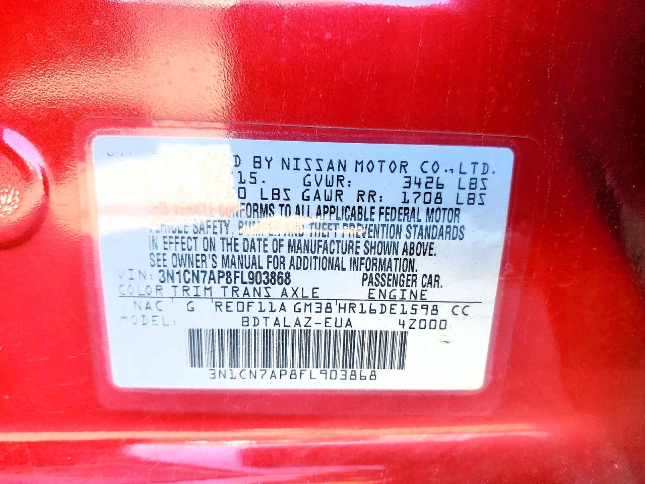 2015 Nissan Versa 1.6 S Plus Burgundy vin: 3N1CN7AP8FL903868