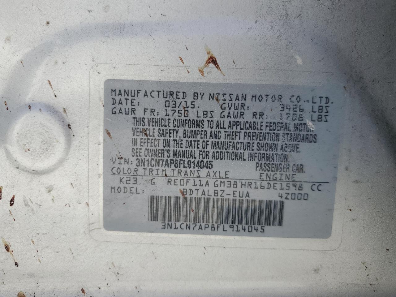 2015 Nissan Versa Silver vin: 3N1CN7AP8FL914045