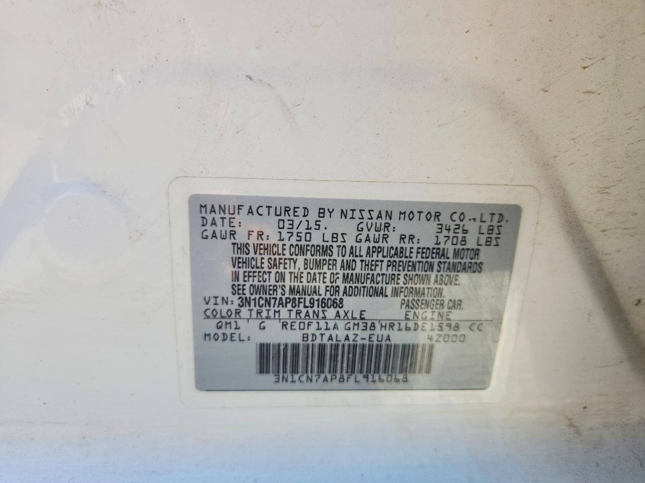 2015 Nissan Versa 1.6 S Plus White vin: 3N1CN7AP8FL916068