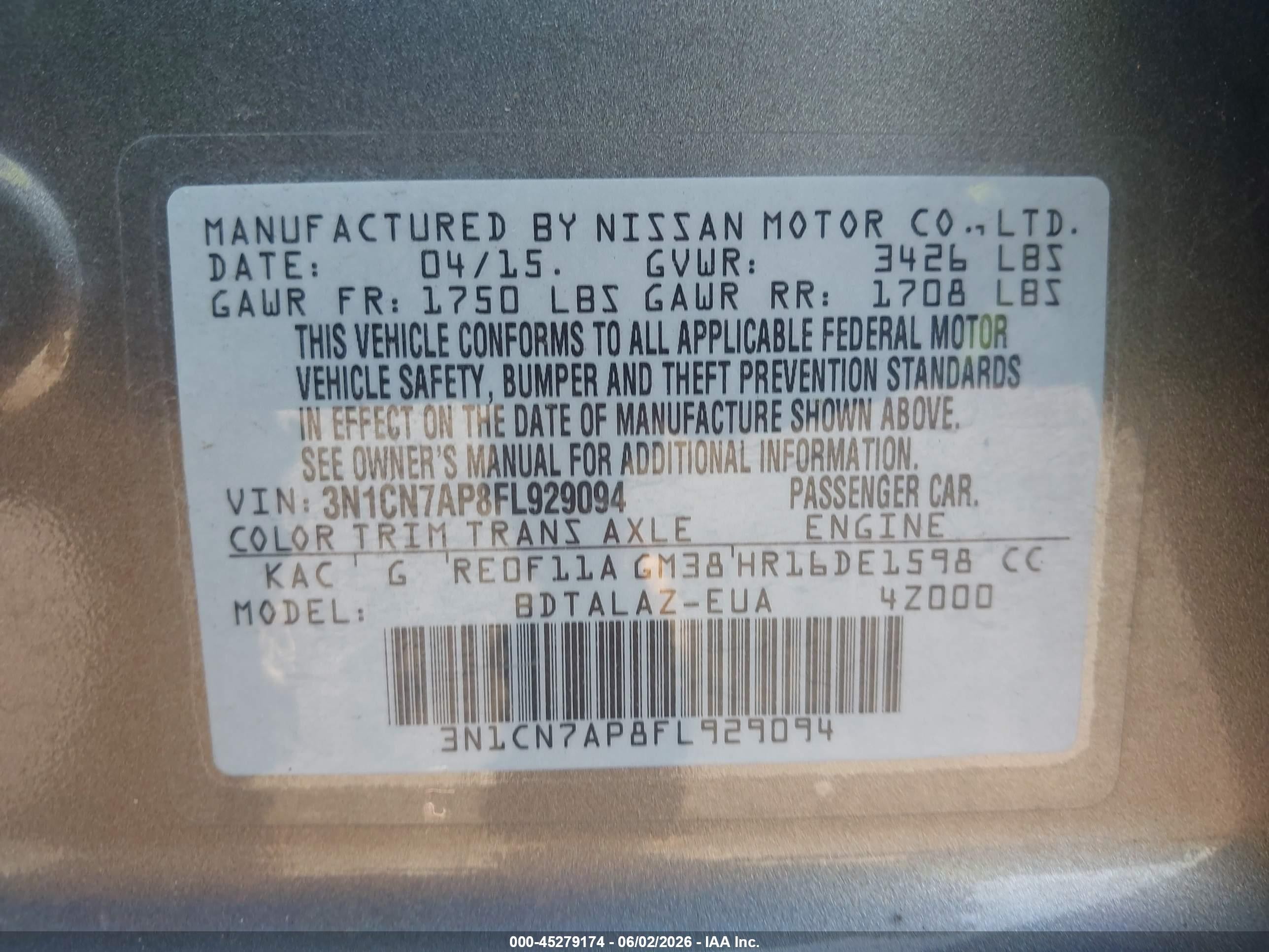 2015 Nissan Versa 1.6 S+ Gray vin: 3N1CN7AP8FL929094