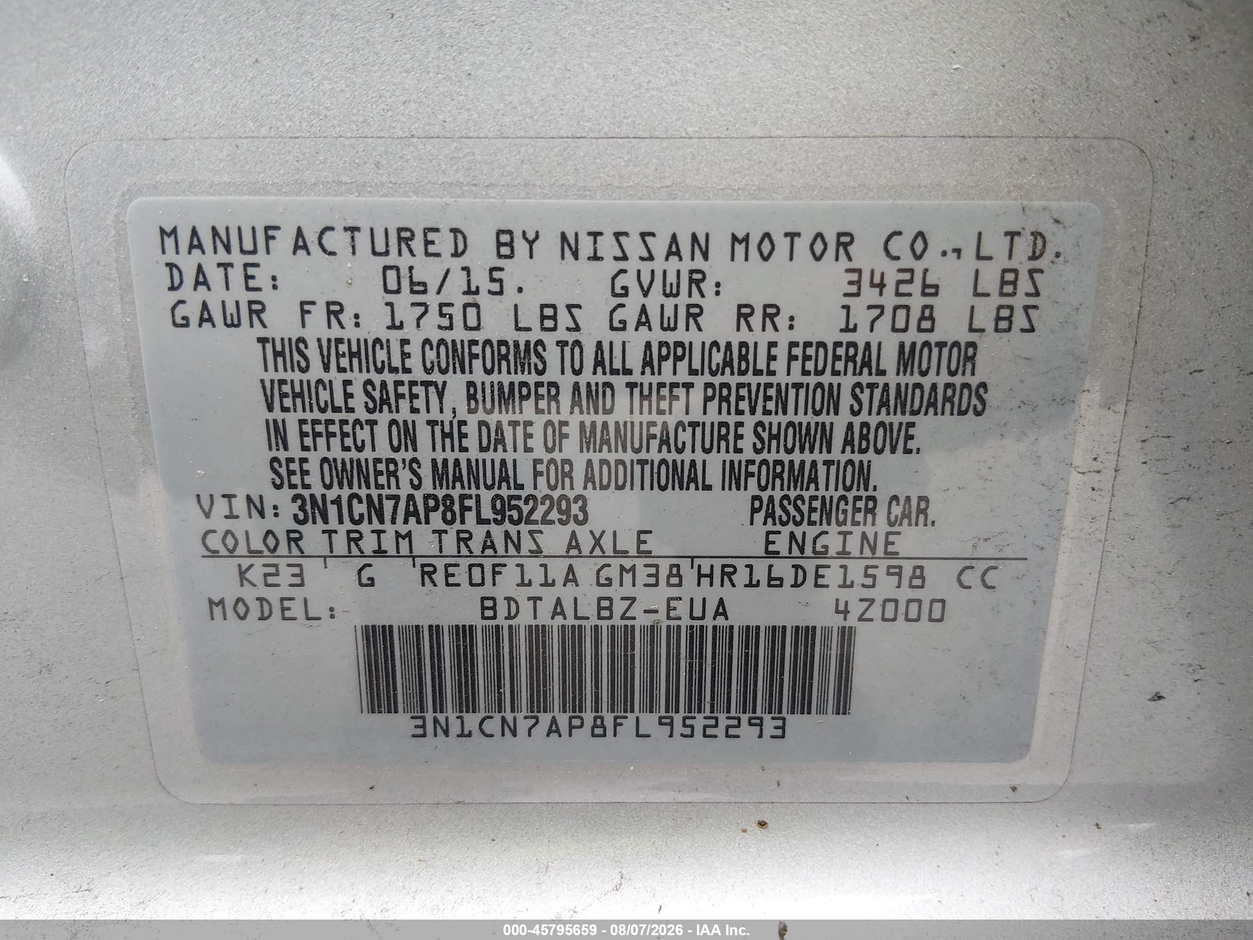 2015 Nissan Versa 1.6 Sv Silver vin: 3N1CN7AP8FL952293