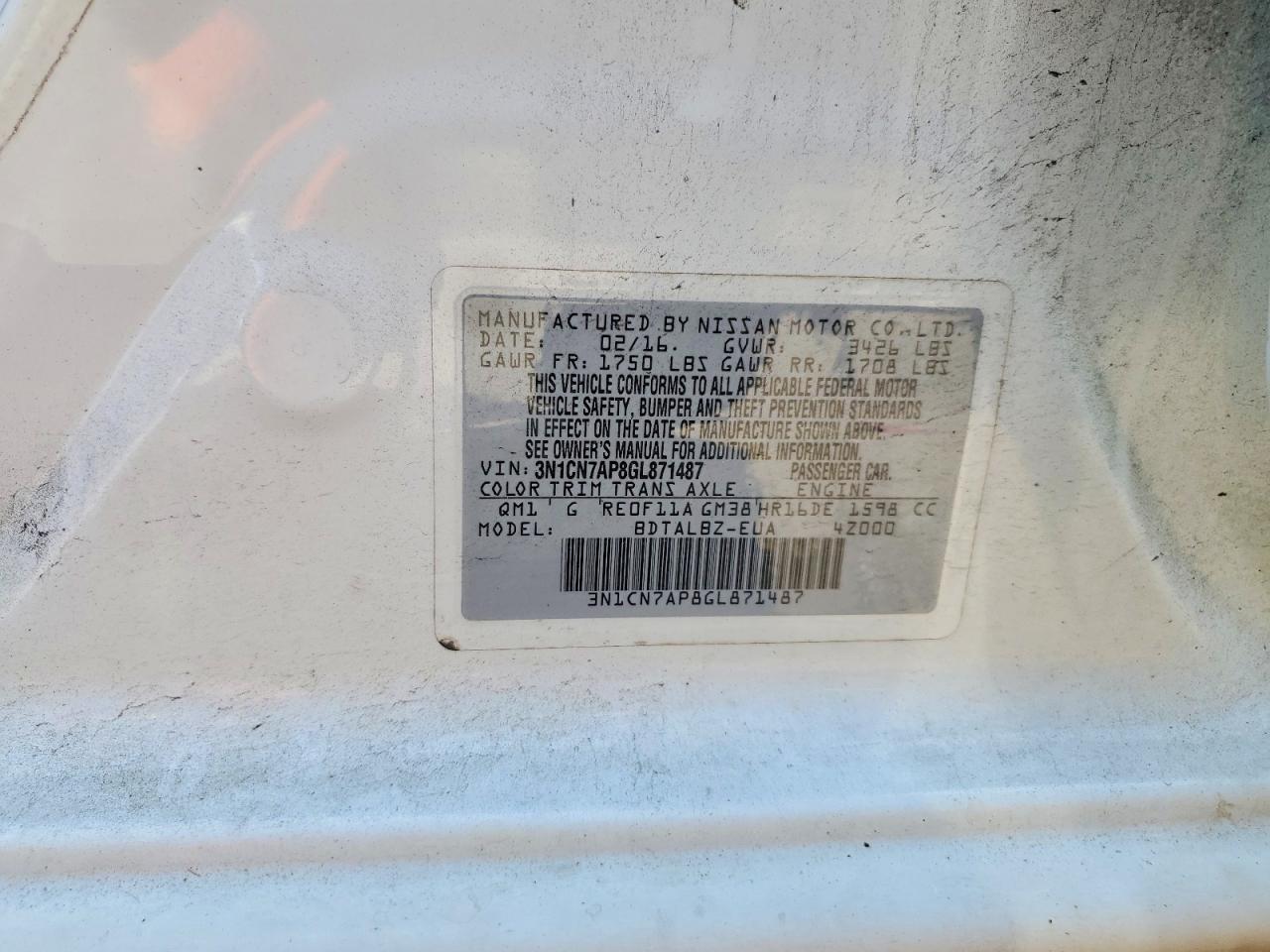 2016 Nissan Versa 1.6 Sv White vin: 3N1CN7AP8GL871487