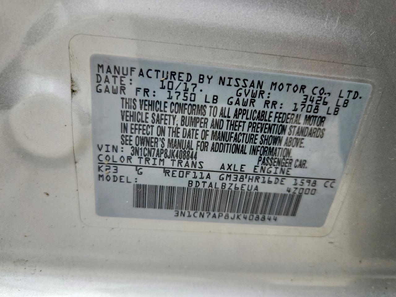 2018 Nissan Versa Sv Silver vin: 3N1CN7AP8JK408844
