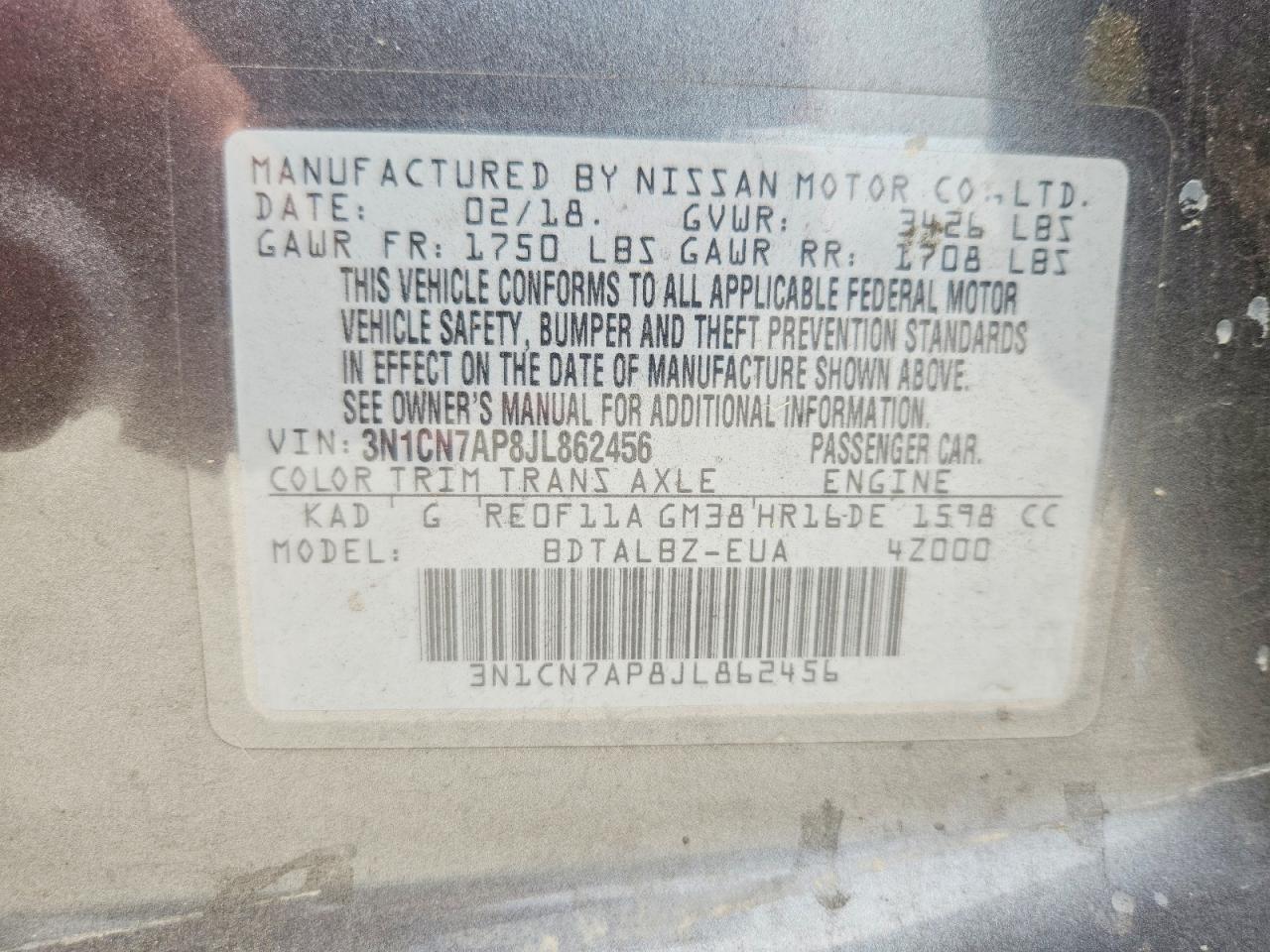 2018 Nissan Versa Sv Gray vin: 3N1CN7AP8JL862456