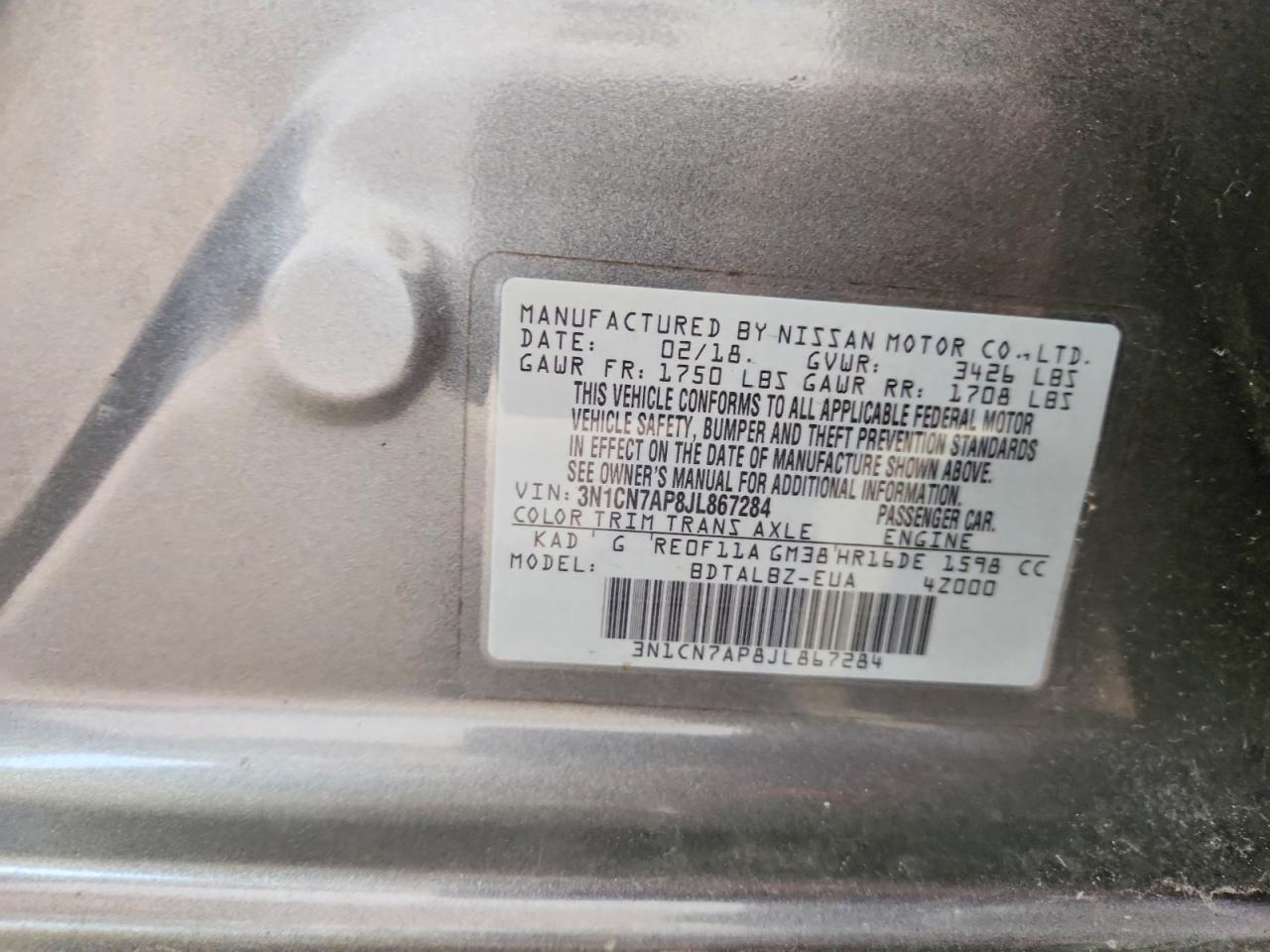 2018 Nissan Versa Sv Gray vin: 3N1CN7AP8JL867284