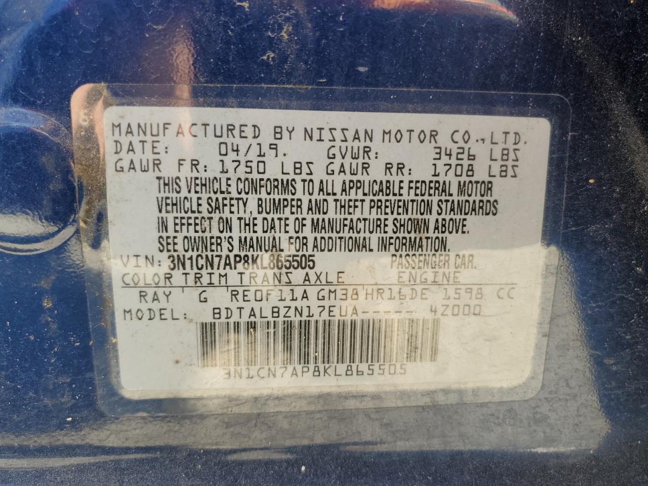 2019 Nissan Versa Blue vin: 3N1CN7AP8KL865505