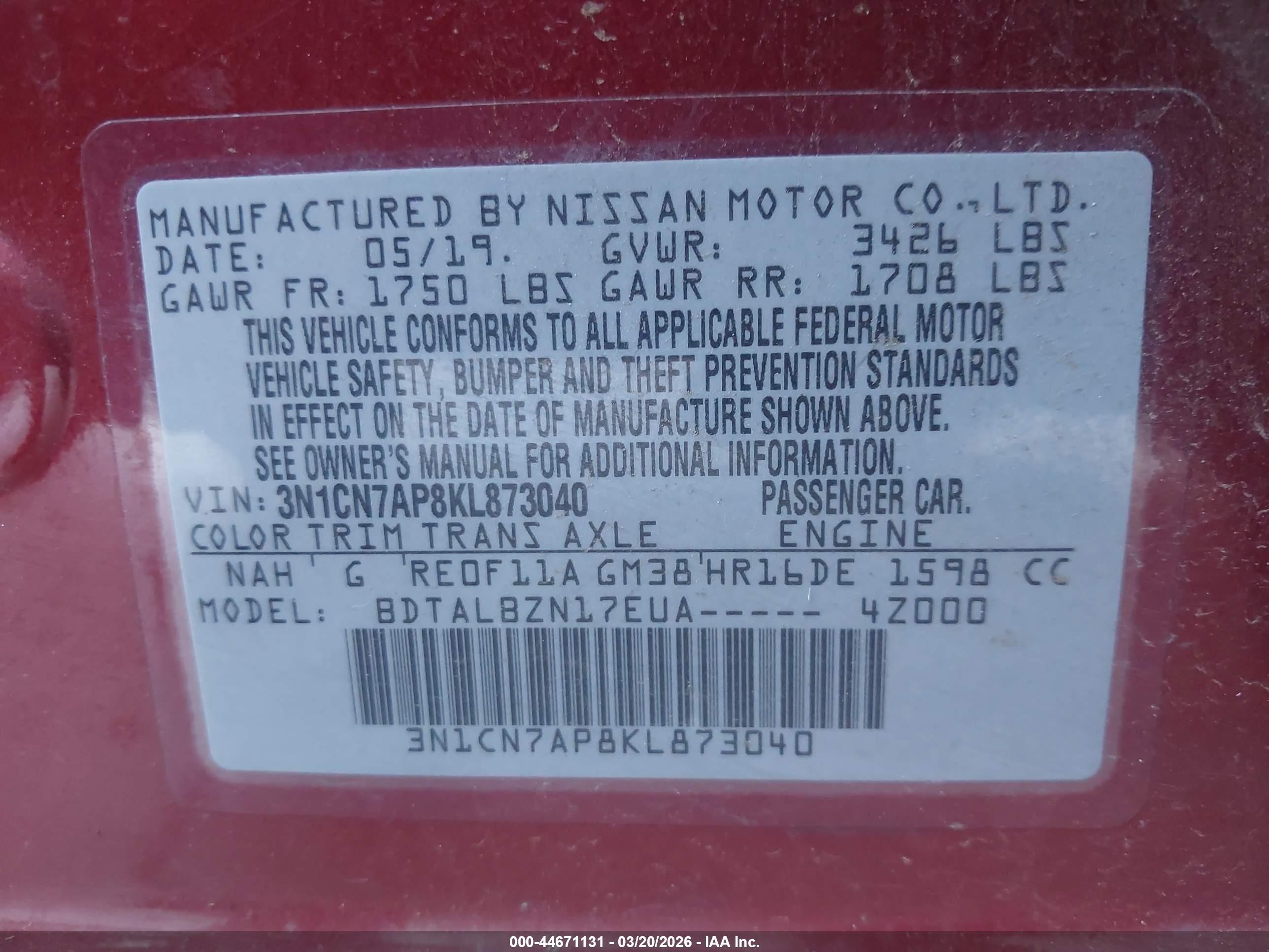 2019 Nissan Versa 1.6 Sv Красный vin: 3N1CN7AP8KL873040