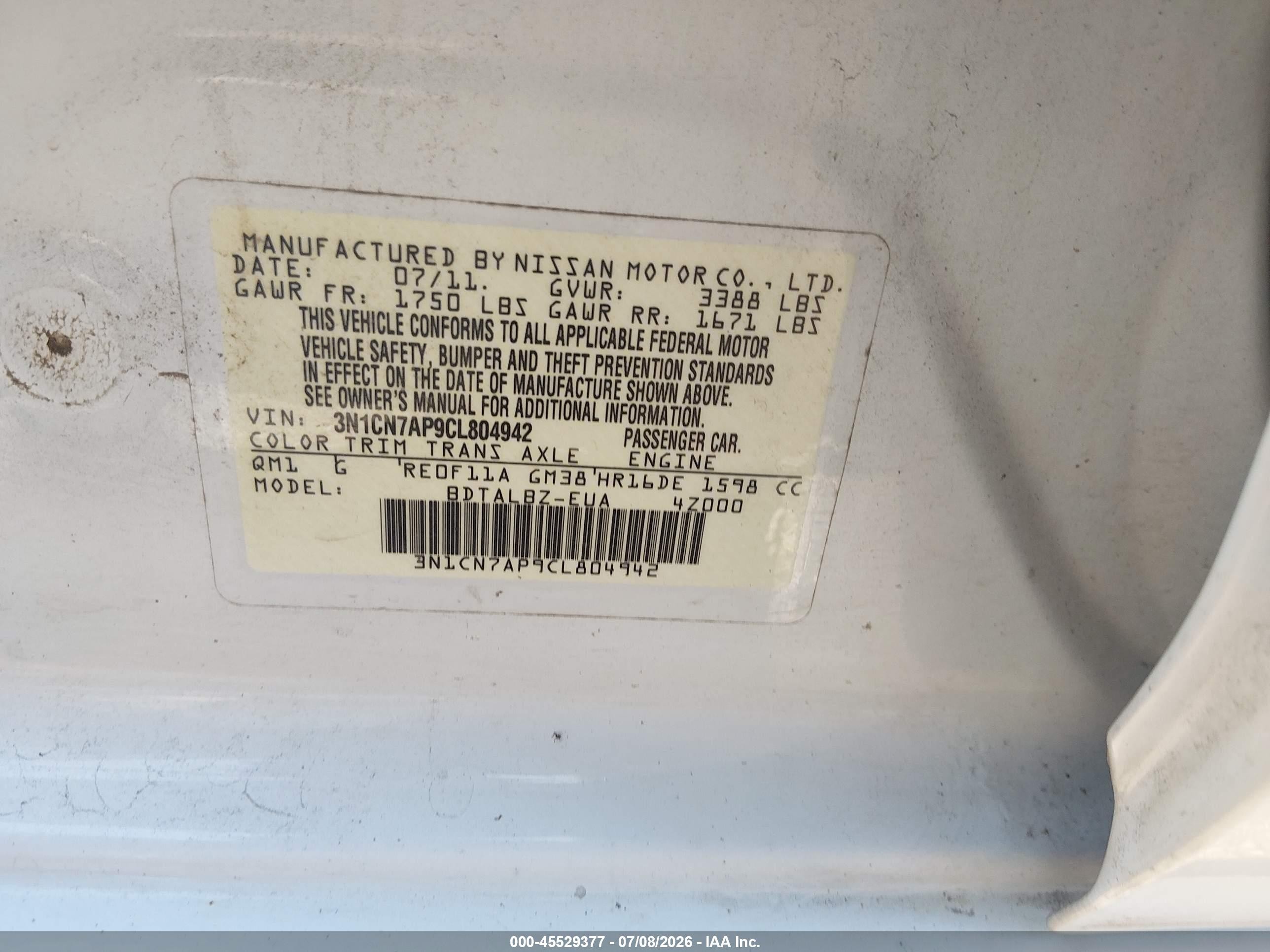 2012 Nissan Versa 1.6 Sv Белый vin: 3N1CN7AP9CL804942