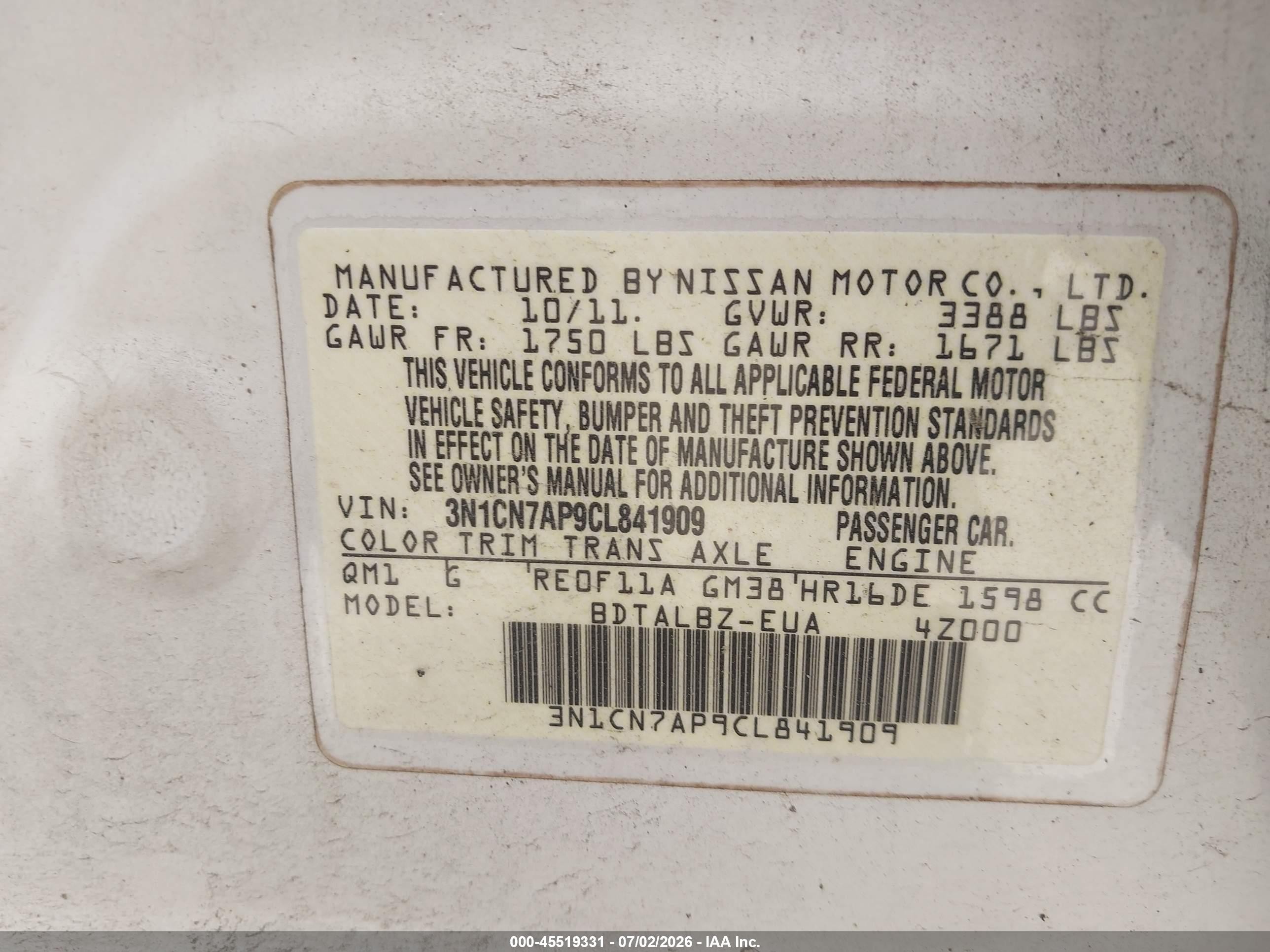 2012 Nissan Versa 1.6 Sv White vin: 3N1CN7AP9CL841909