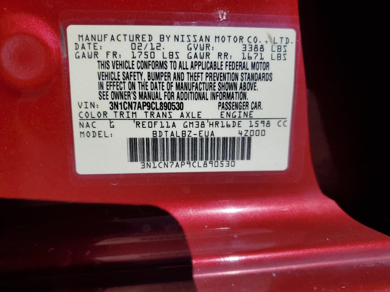 2012 Nissan Versa S Red vin: 3N1CN7AP9CL890530