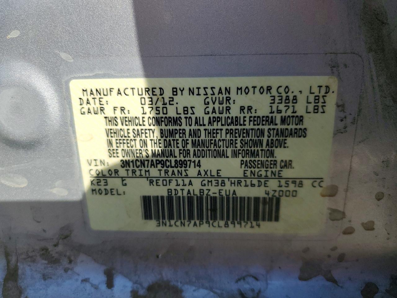 2012 Nissan Versa 1.6 S Silver vin: 3N1CN7AP9CL899714