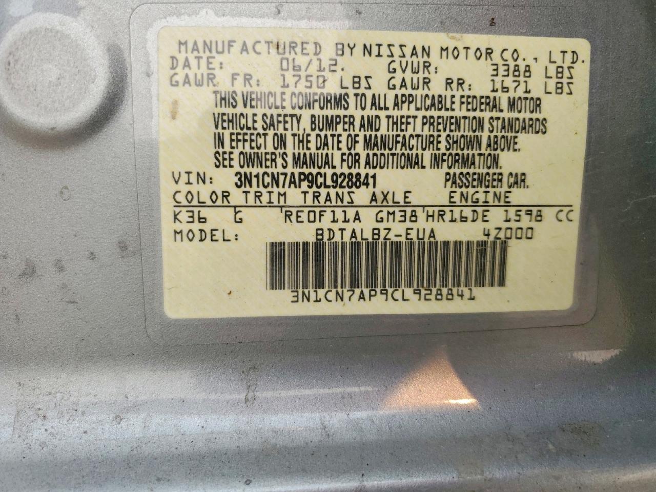 2012 Nissan Versa 1.6 S Gray vin: 3N1CN7AP9CL928841