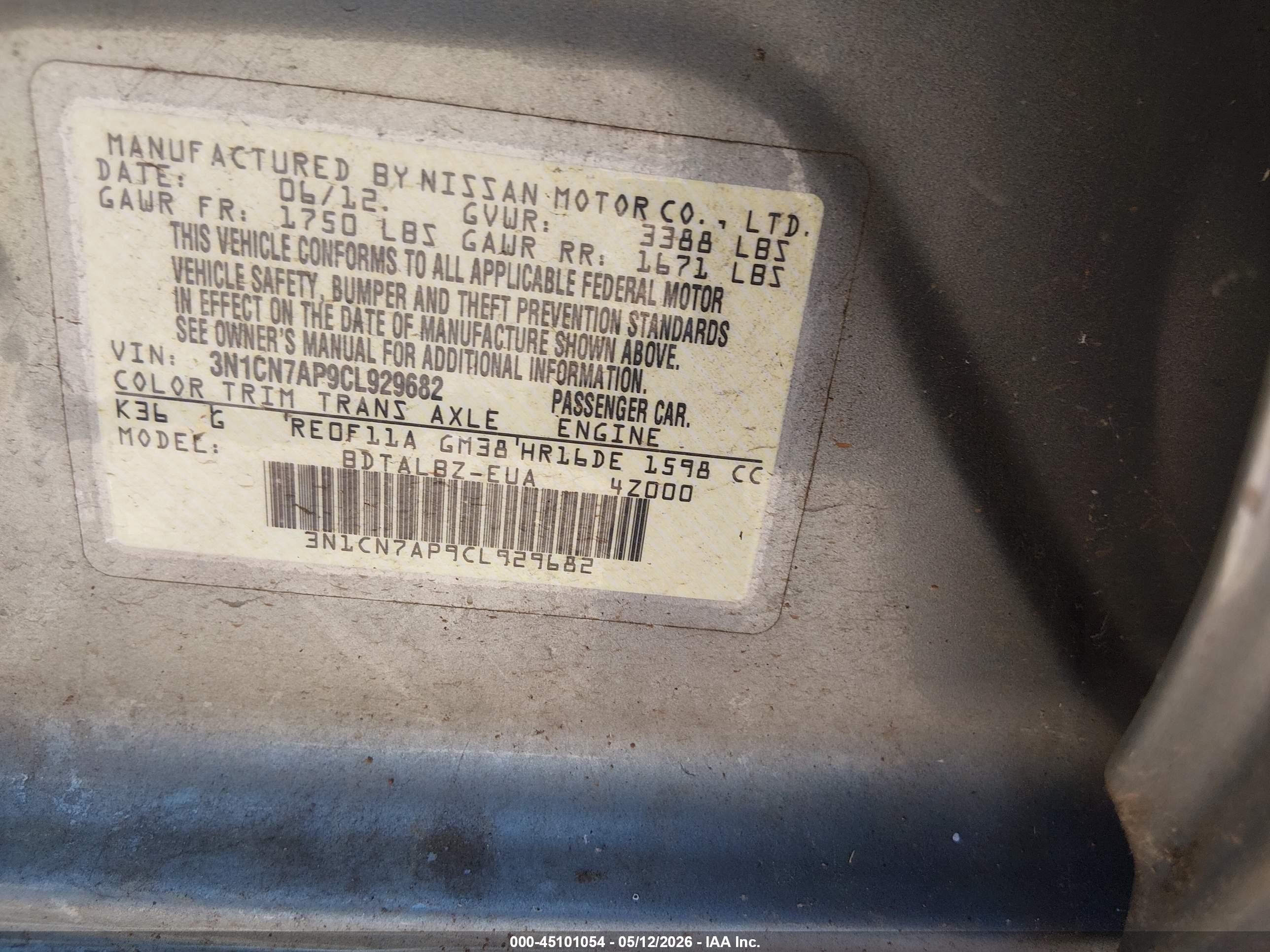 2012 Nissan Versa 1.6 Sv Gray vin: 3N1CN7AP9CL929682