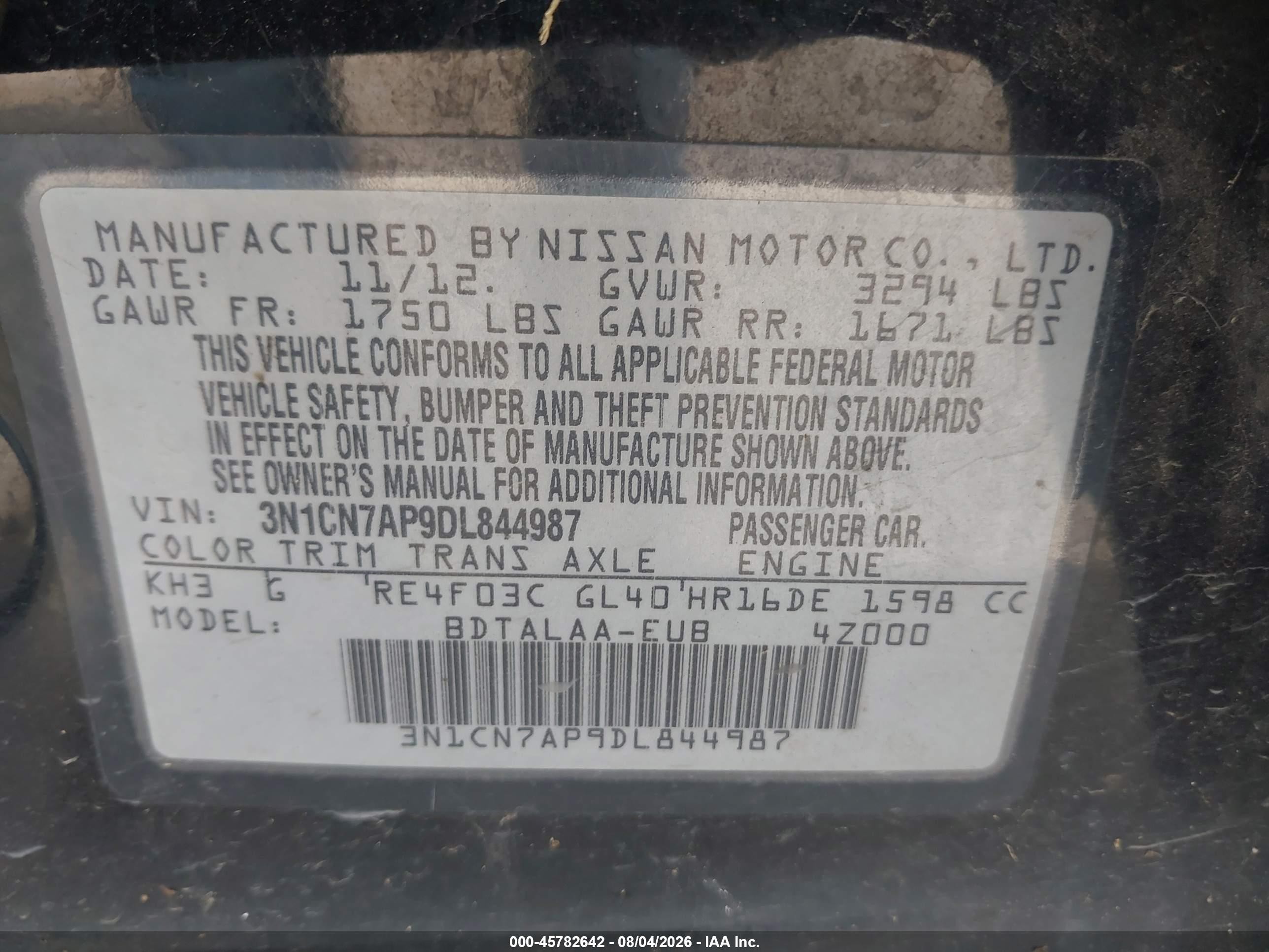 2013 Nissan Versa 1.6 S Black vin: 3N1CN7AP9DL844987