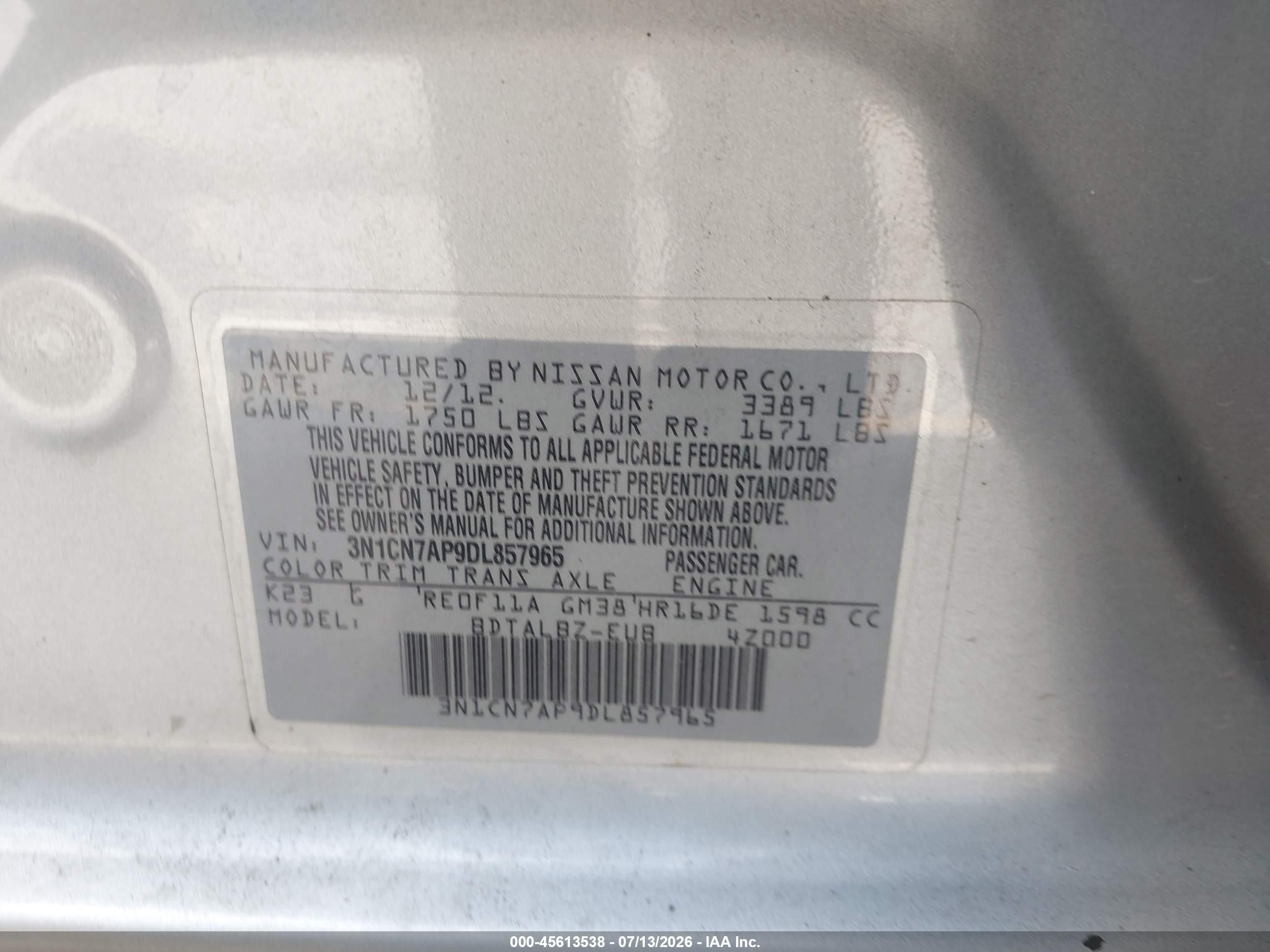 2013 Nissan Versa 1.6 Sv Silver vin: 3N1CN7AP9DL857965