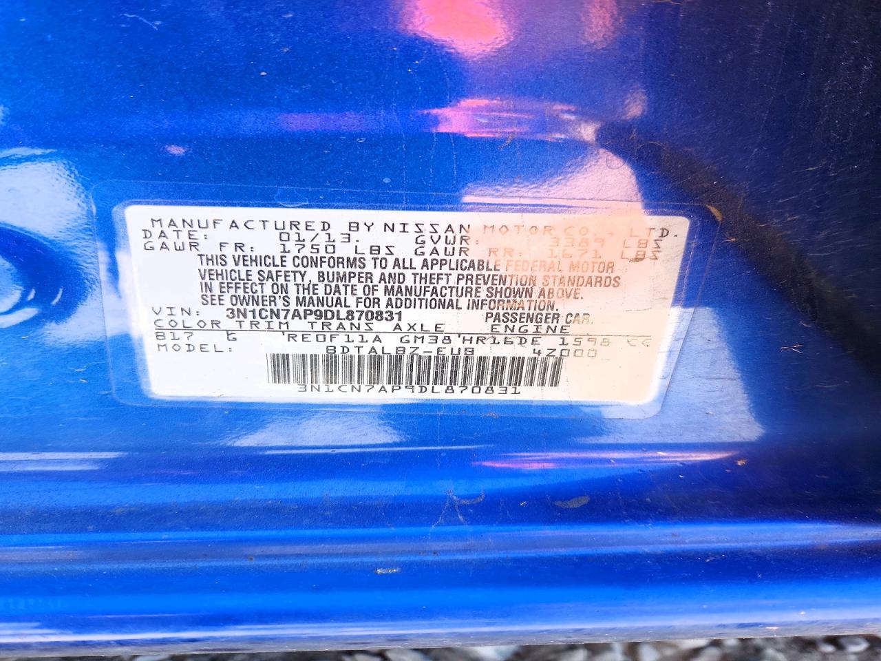2013 Nissan Versa 1.6 S Blue vin: 3N1CN7AP9DL870831