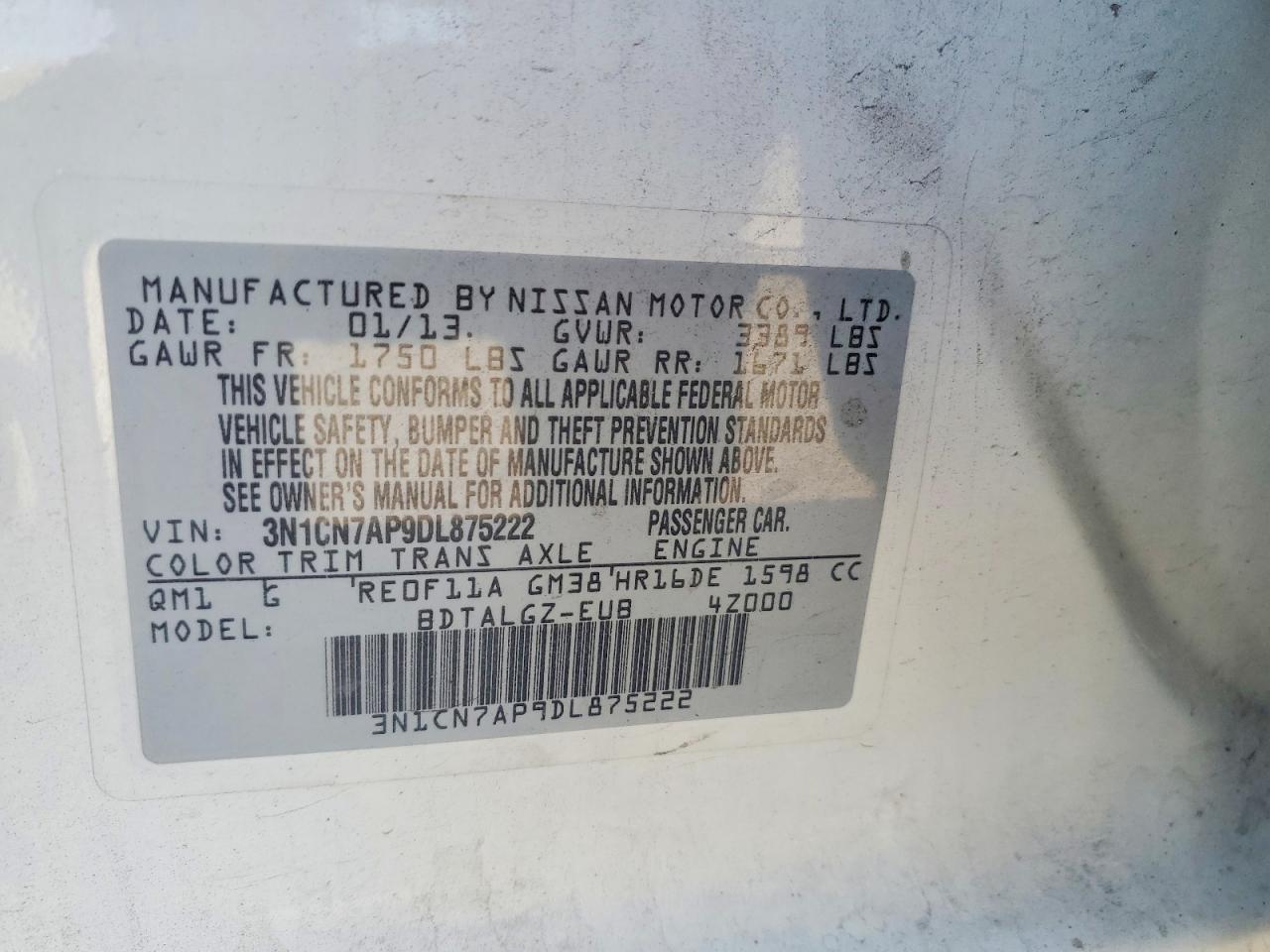 2013 Nissan Versa 1.6 S White vin: 3N1CN7AP9DL875222