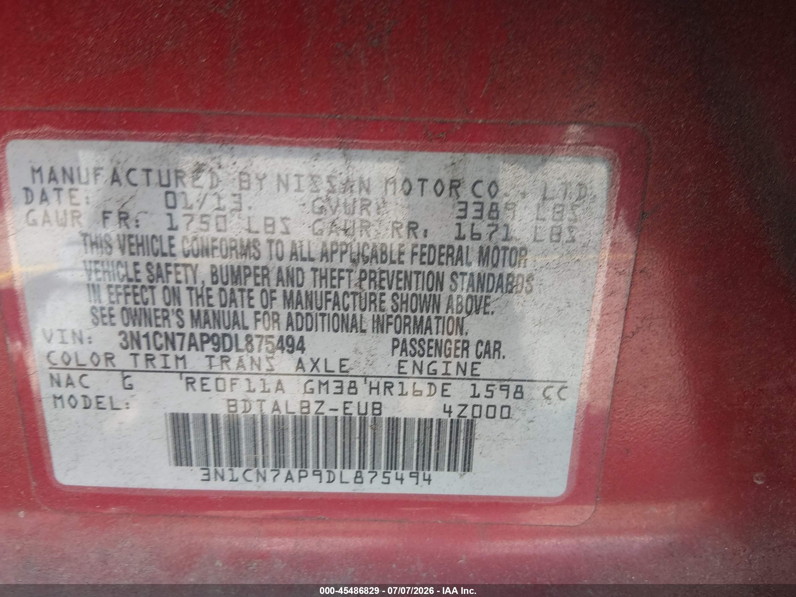 2013 Nissan Versa 1.6 Sv Красный vin: 3N1CN7AP9DL875494