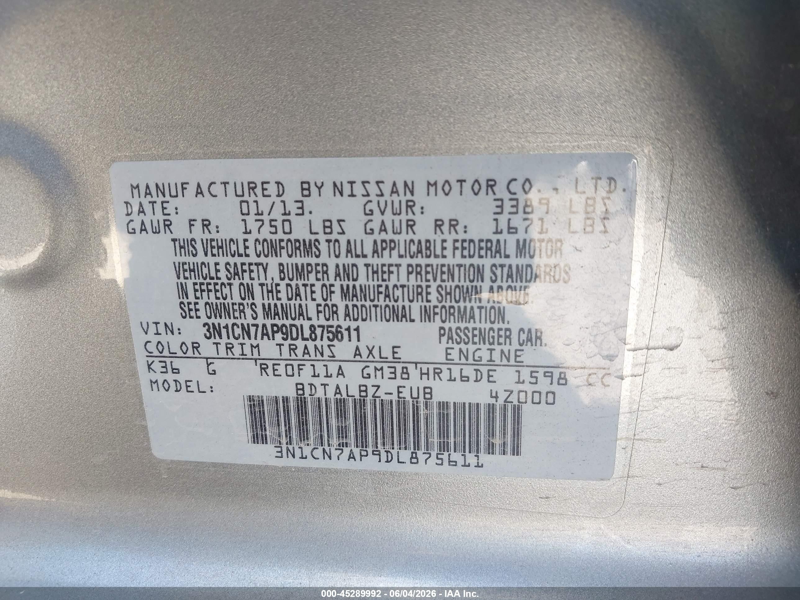2013 Nissan Versa 1.6 Sv Gray vin: 3N1CN7AP9DL875611