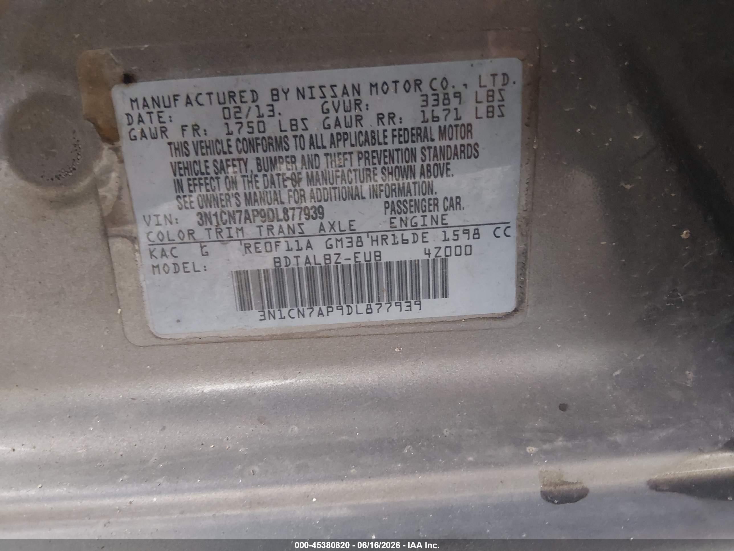 2013 Nissan Versa 1.6 Sv Silver vin: 3N1CN7AP9DL877939