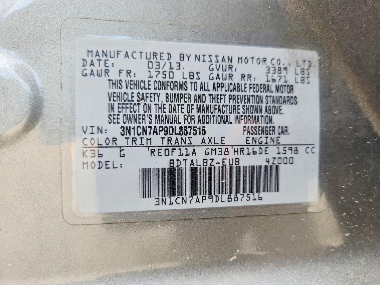 2013 Nissan Versa 1.6 S Gray vin: 3N1CN7AP9DL887516