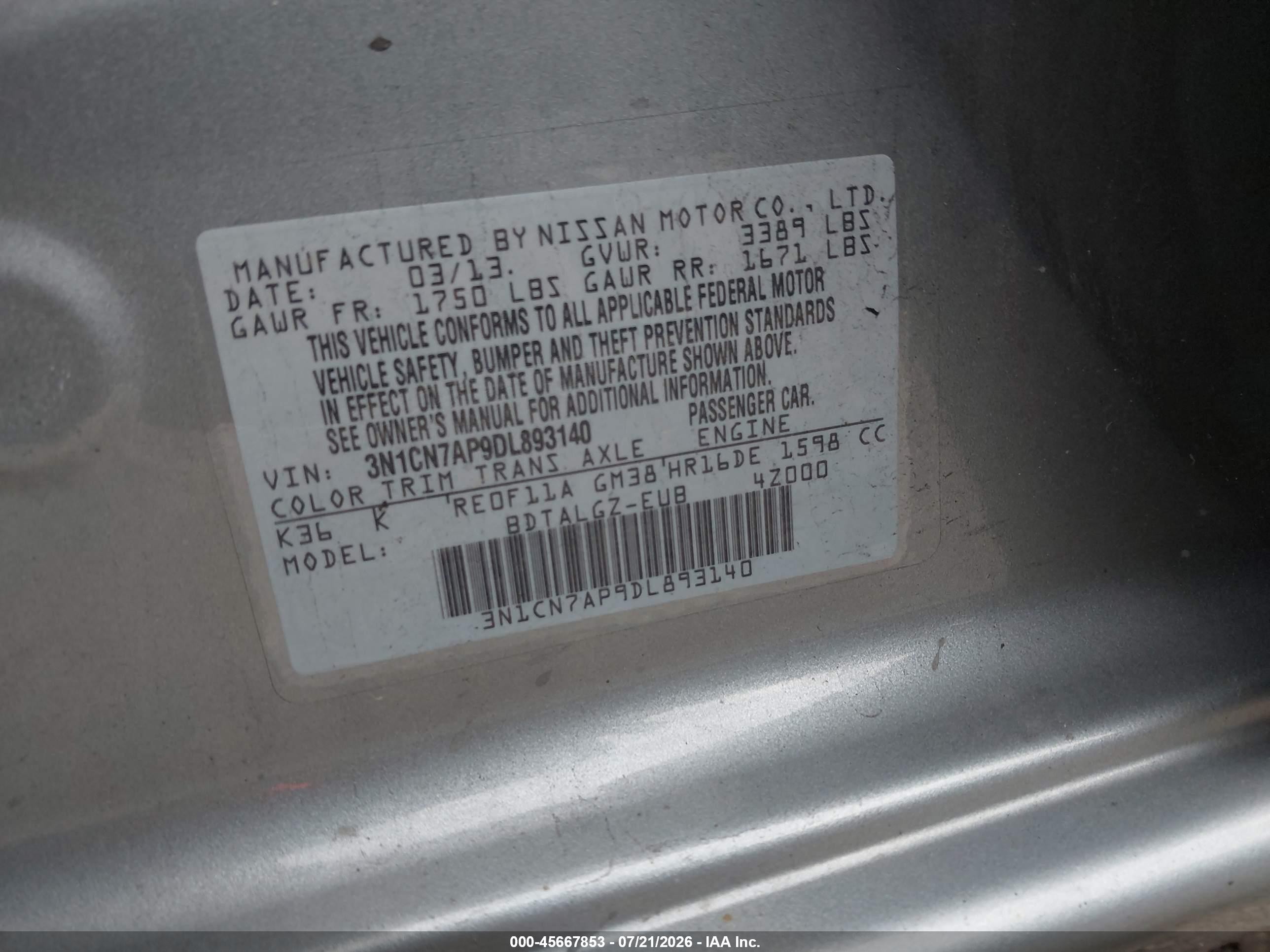 2013 Nissan Versa 1.6 Sl Серебряный vin: 3N1CN7AP9DL893140