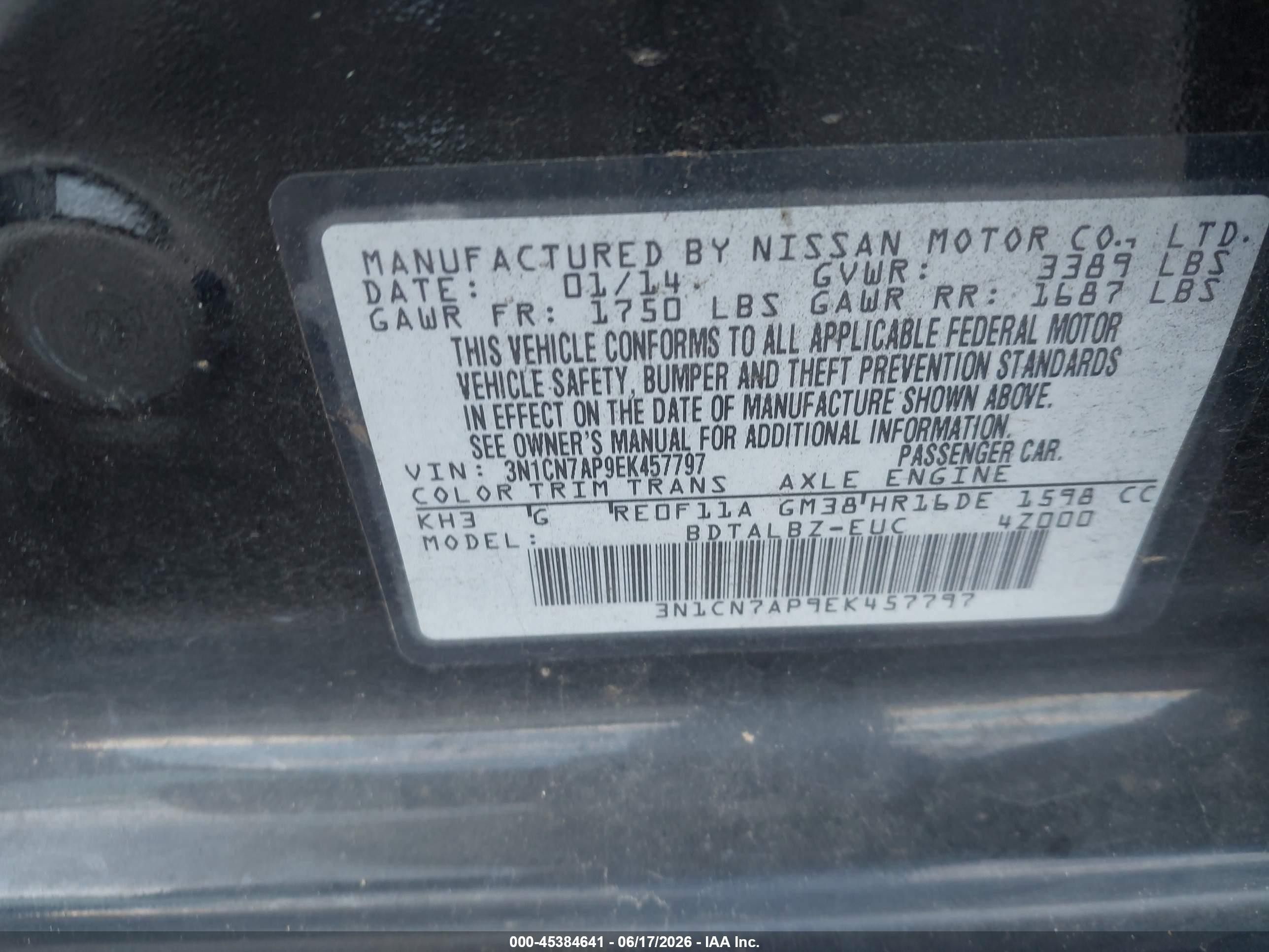 2014 Nissan Versa 1.6 Sv Black vin: 3N1CN7AP9EK457797