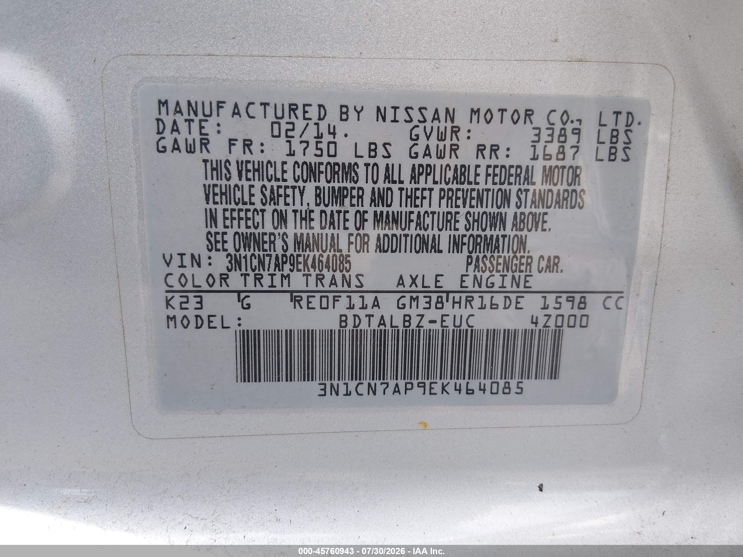2014 Nissan Versa 1.6 S/1.6 S+/1.6 Sl/1.6 Sv/s Silver vin: 3N1CN7AP9EK464085