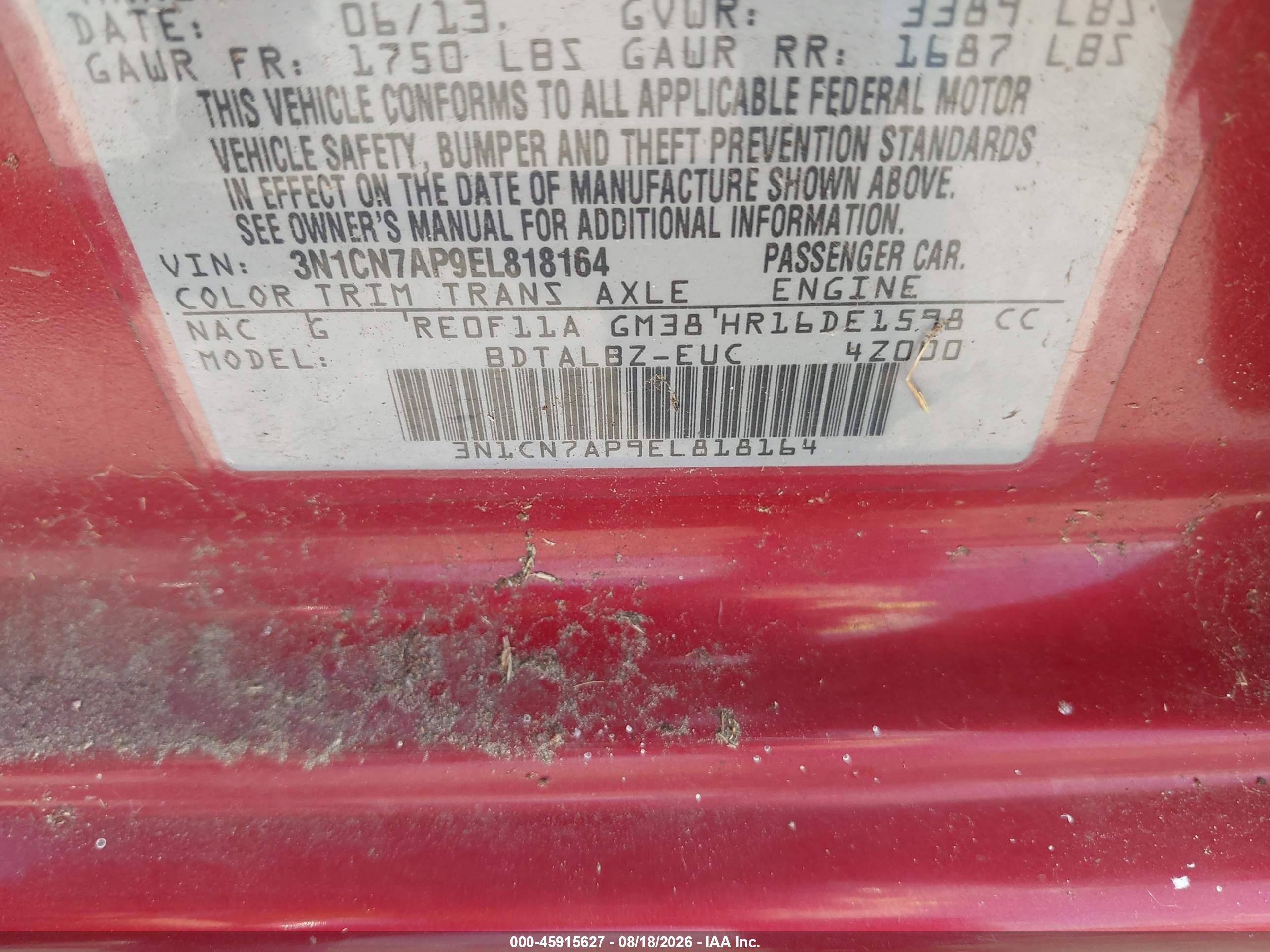 2014 Nissan Versa 1.6 Sv Maroon vin: 3N1CN7AP9EL818164