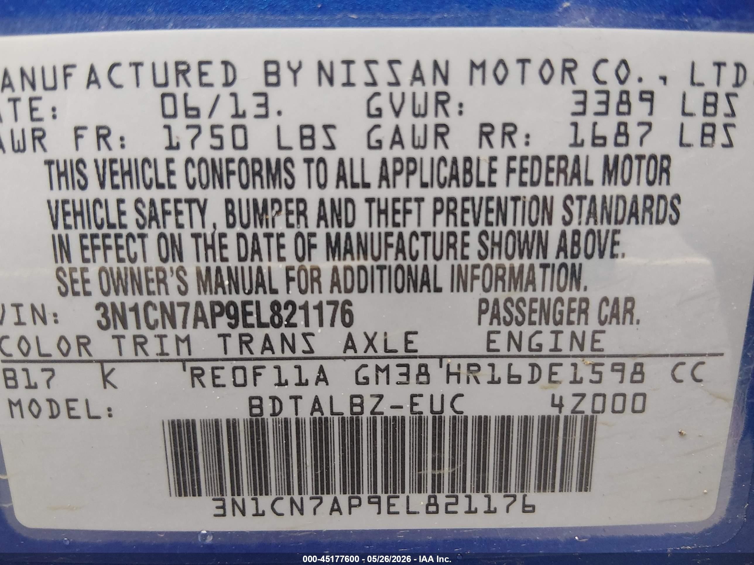 2014 Nissan Versa 1.6 Sv Dark Blue vin: 3N1CN7AP9EL821176