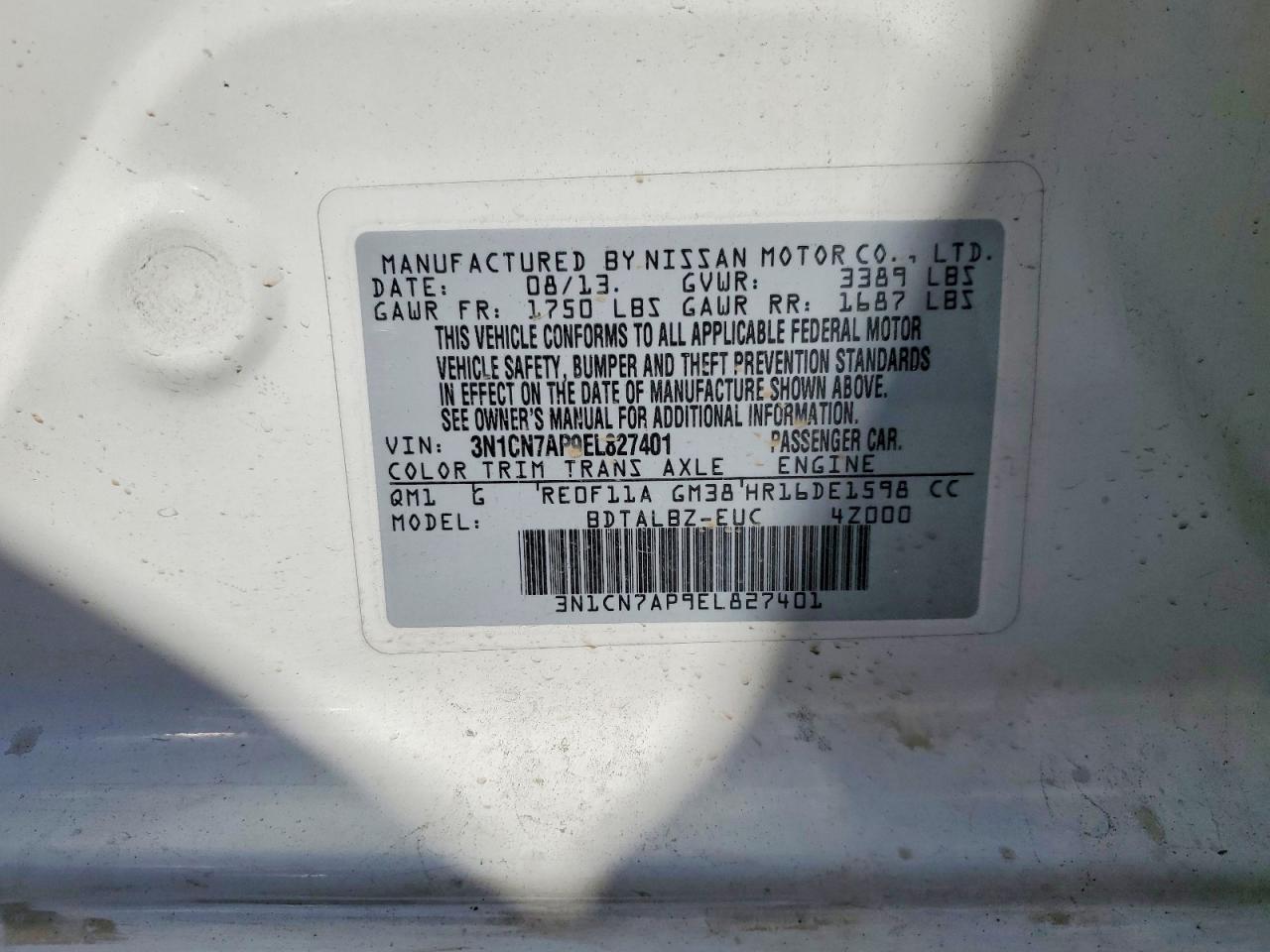 2014 Nissan Versa 1.6 S White vin: 3N1CN7AP9EL827401