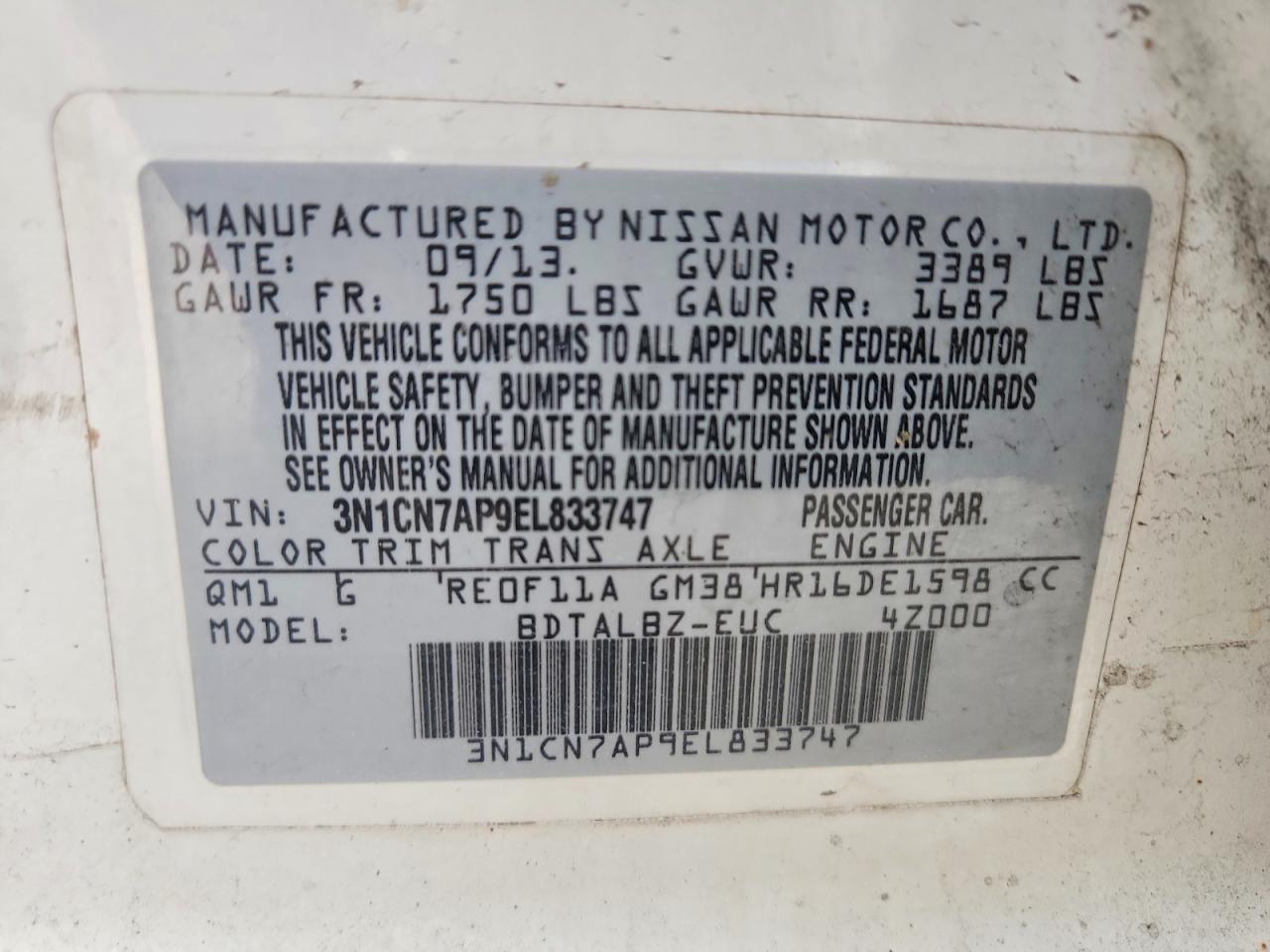 2014 Nissan Versa 1.6 Sv White vin: 3N1CN7AP9EL833747