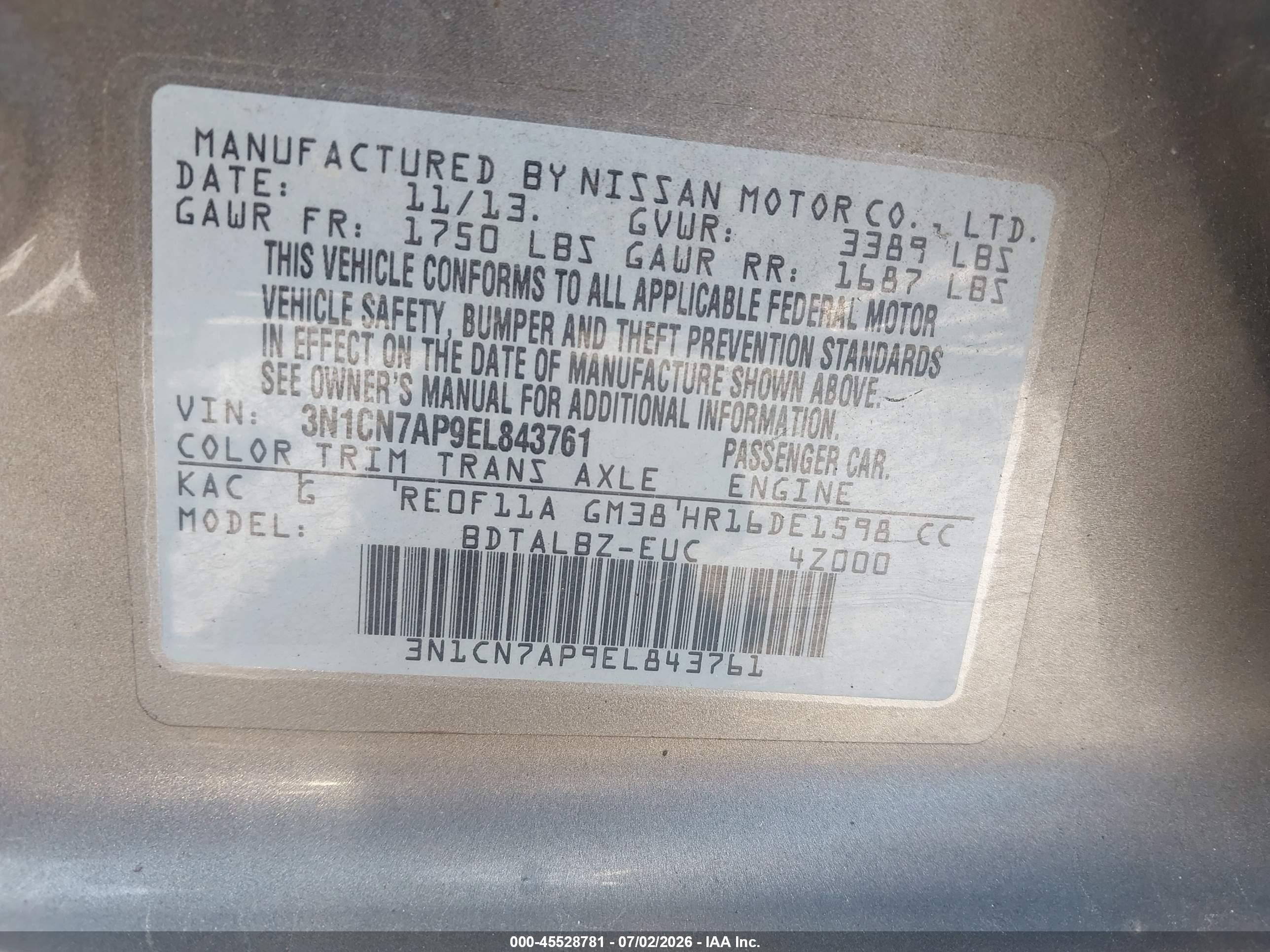 2014 Nissan Versa 1.6 Sv Brown vin: 3N1CN7AP9EL843761