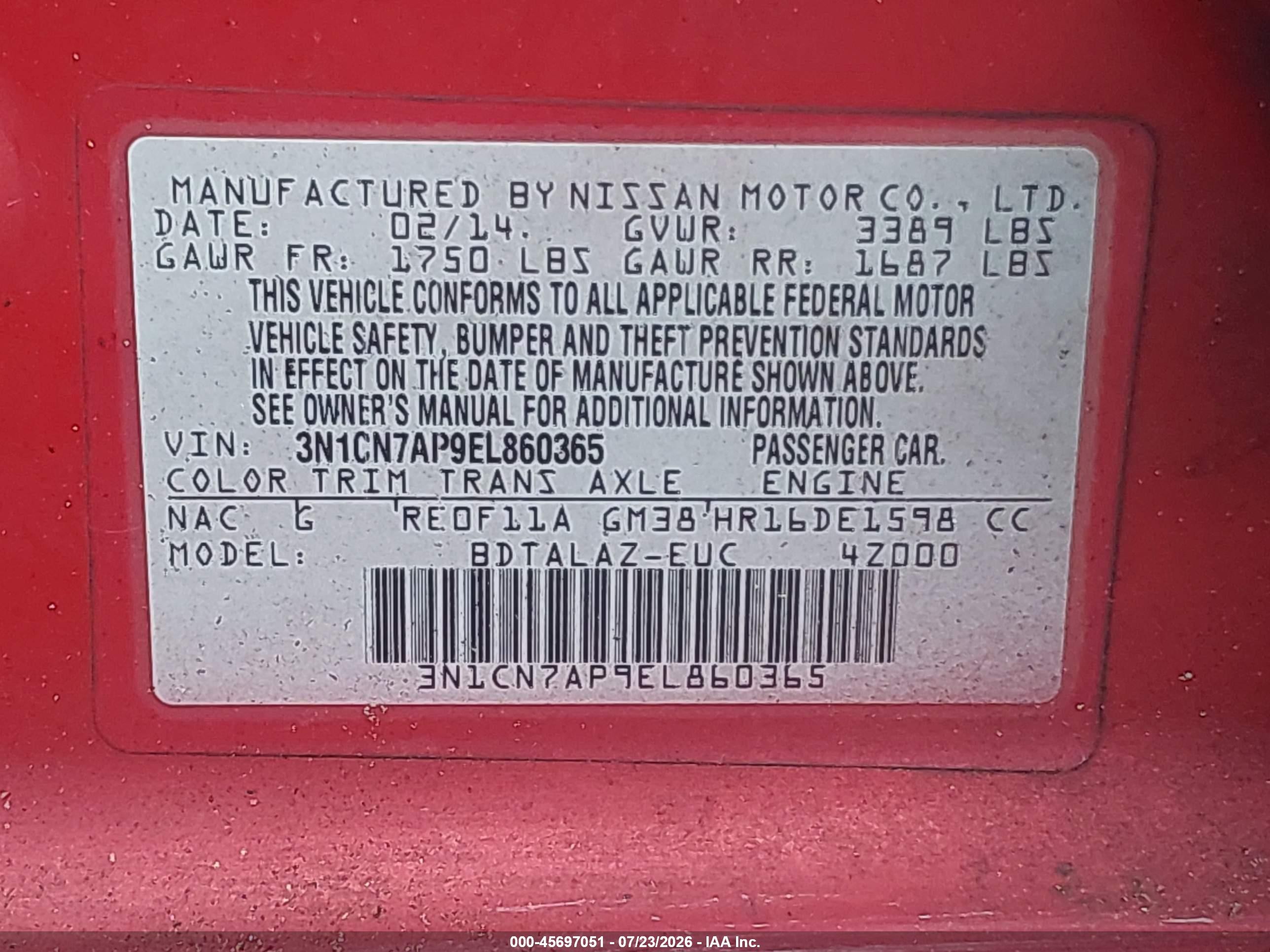 2014 Nissan Versa 1.6 S+ Red vin: 3N1CN7AP9EL860365