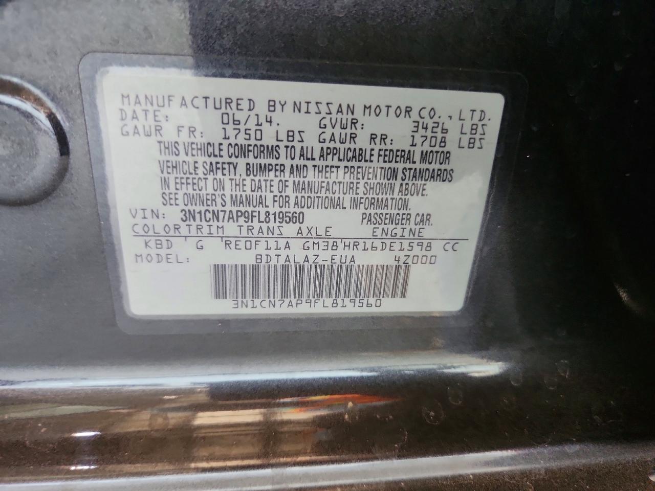2015 Nissan Versa 1.6 S Plus Gray vin: 3N1CN7AP9FL819560