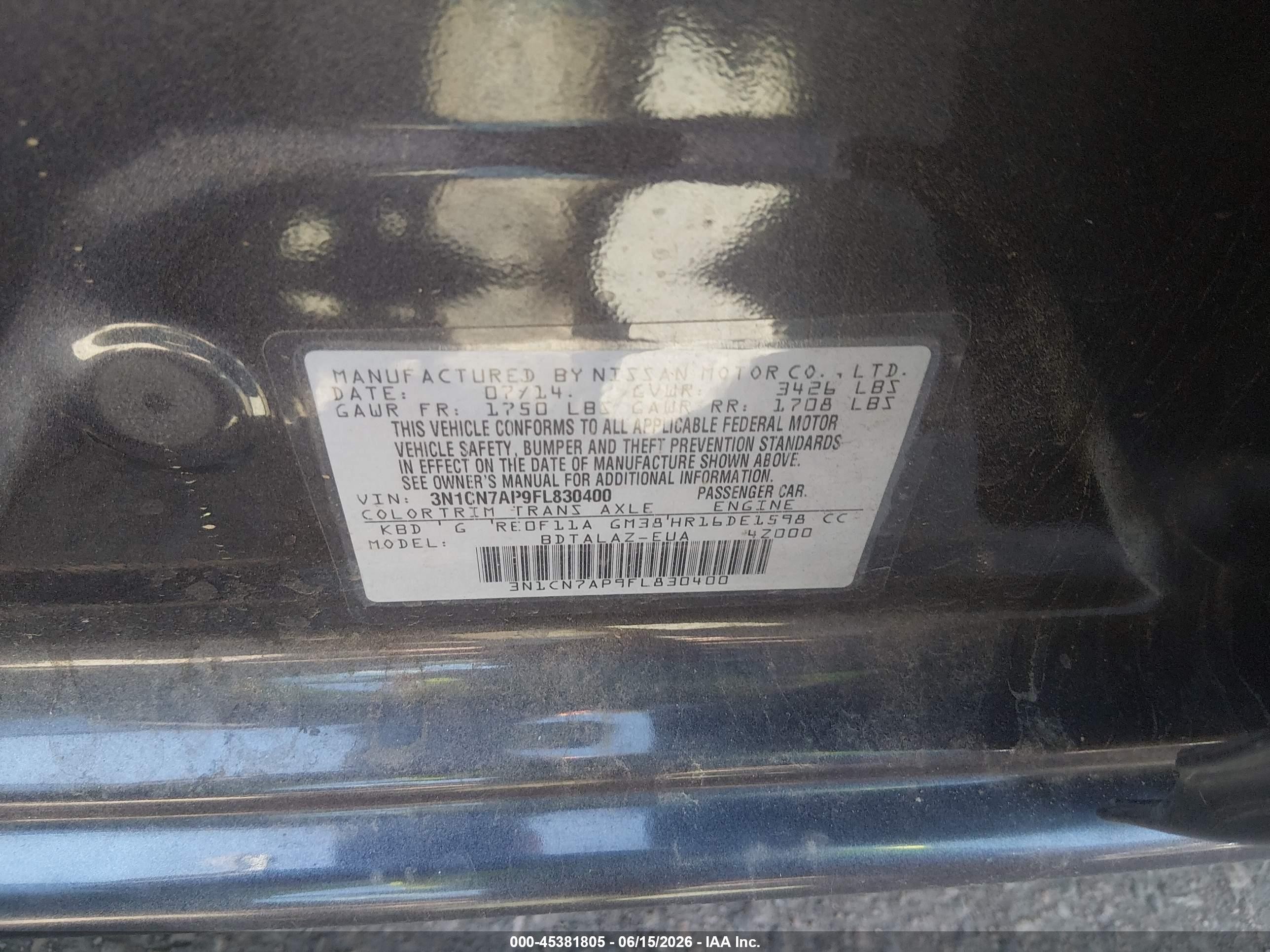 2015 Nissan Versa 1.6 S+ Black vin: 3N1CN7AP9FL830400
