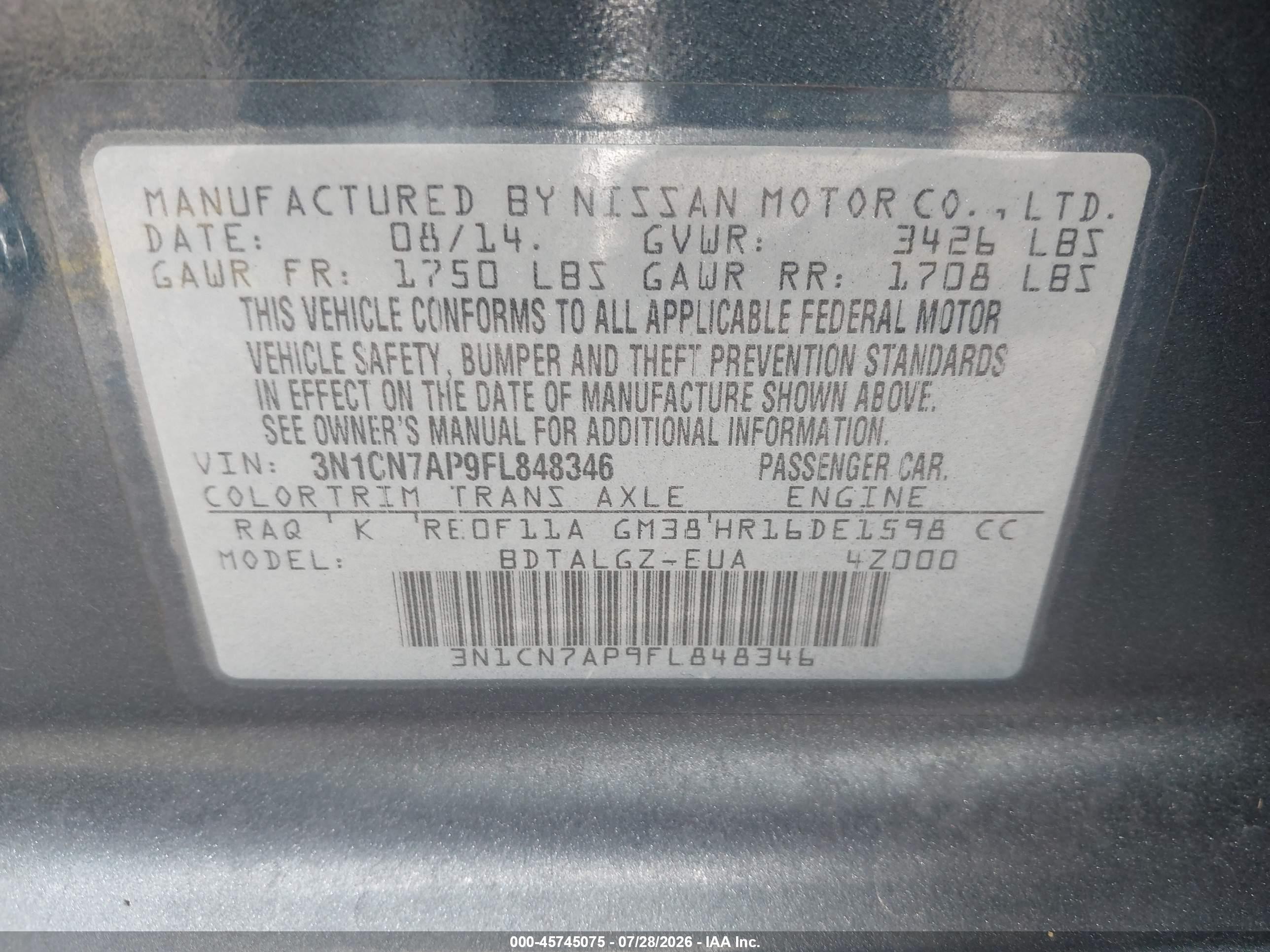 2015 Nissan Versa 1.6 Sl Blue vin: 3N1CN7AP9FL848346