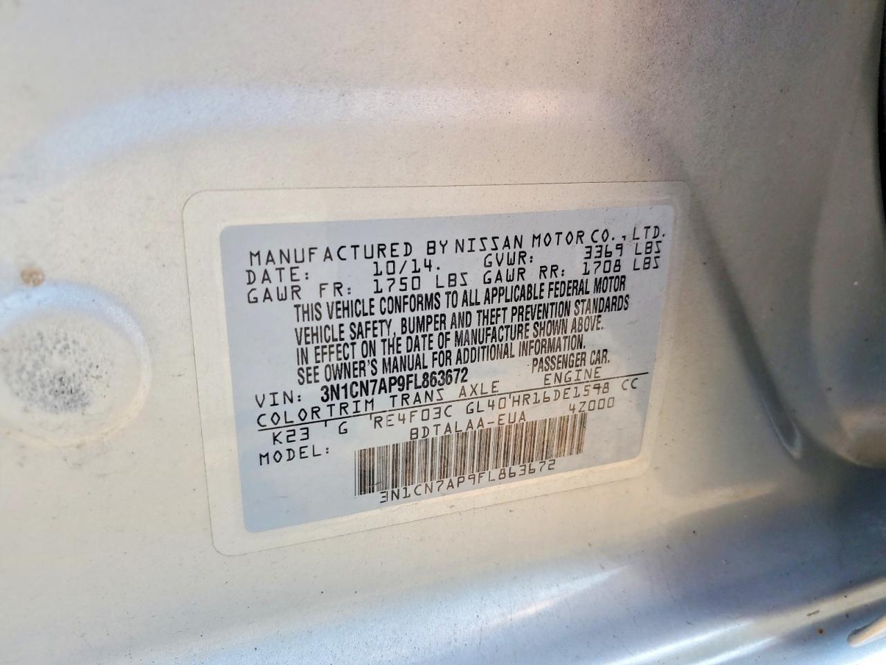 2015 Nissan Versa 1.6 S Silver vin: 3N1CN7AP9FL863672
