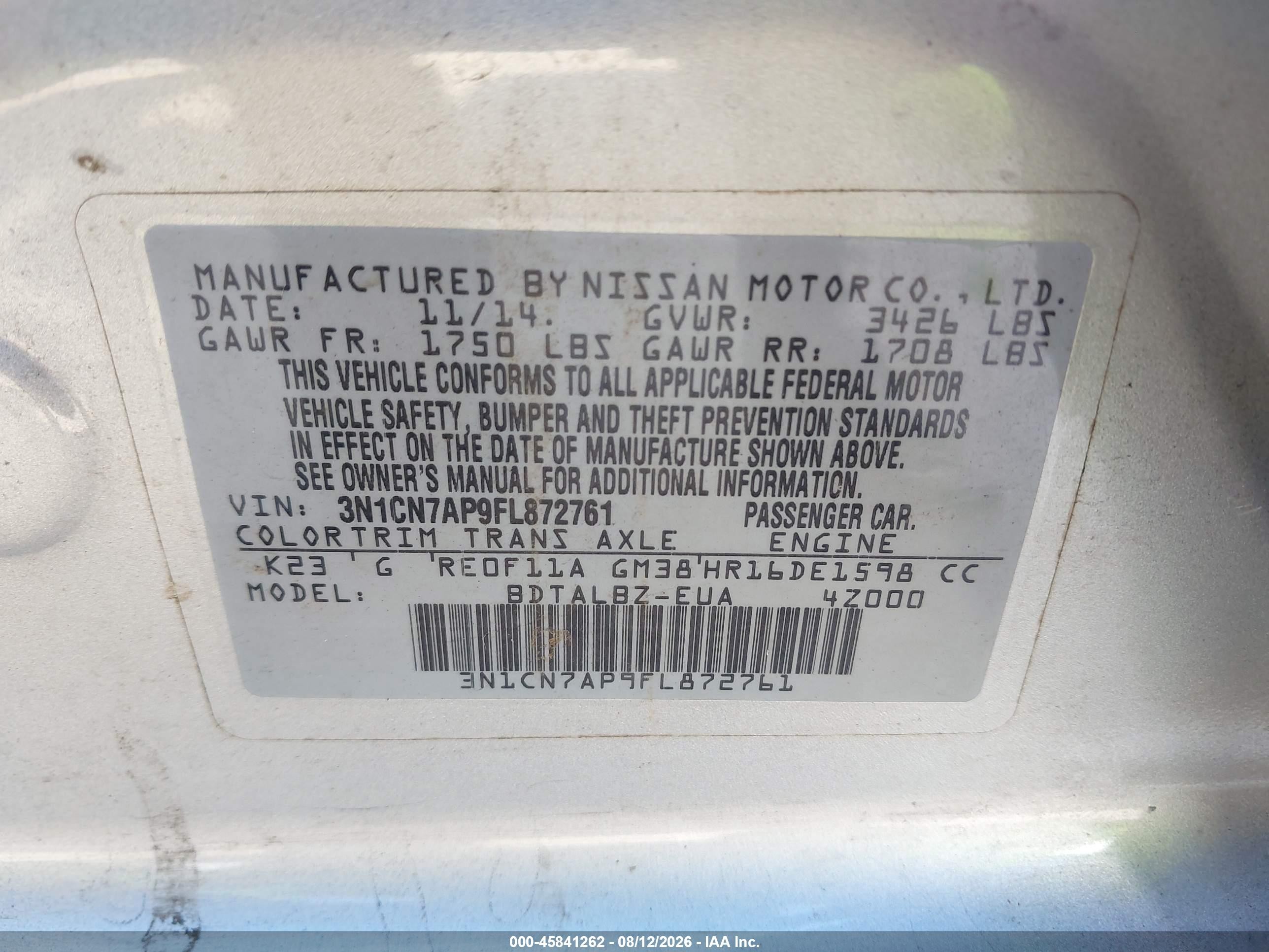2015 Nissan Versa 1.6 Sv Silver vin: 3N1CN7AP9FL872761