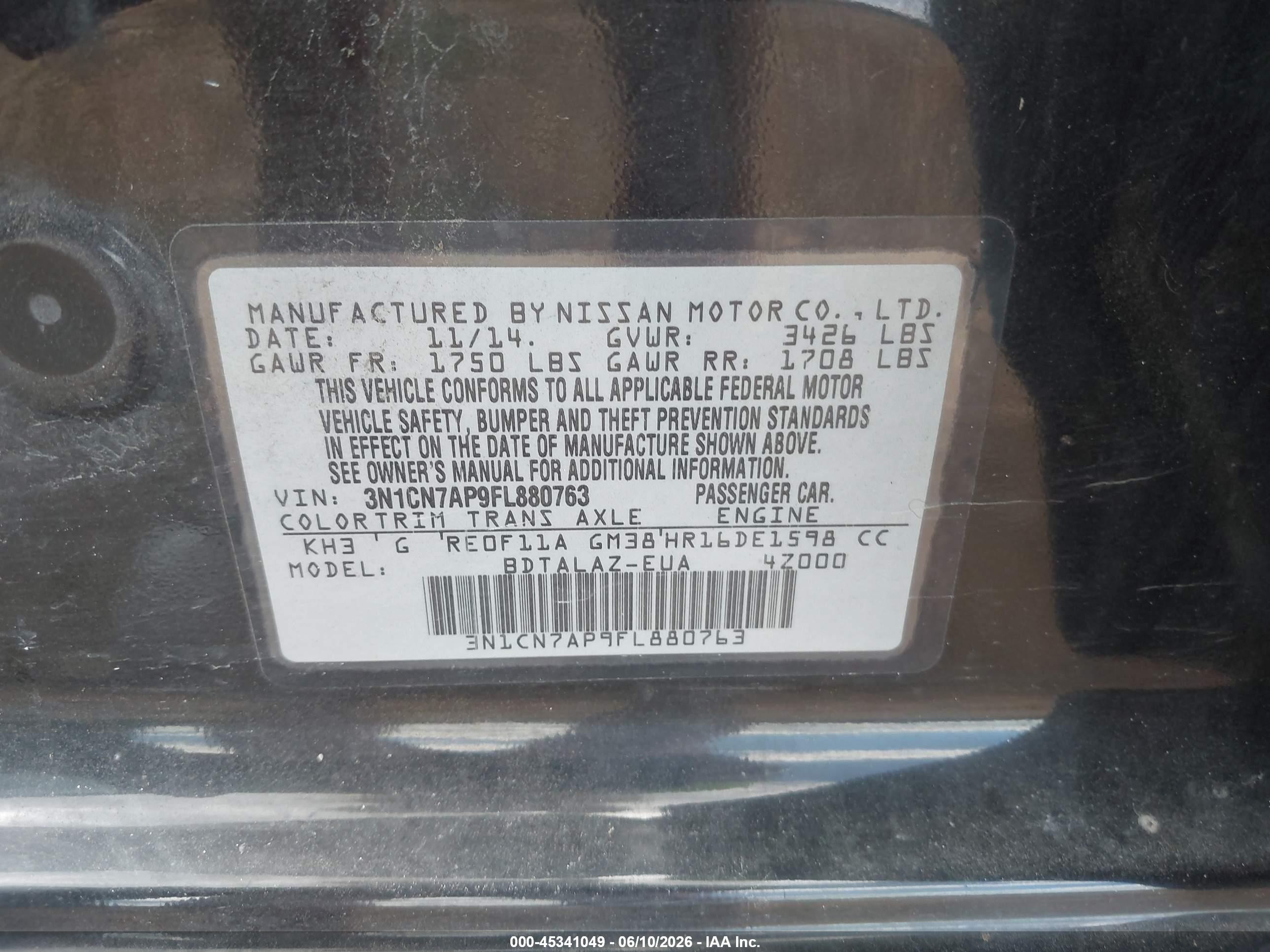 2015 Nissan Versa 1.6 S+ Black vin: 3N1CN7AP9FL880763