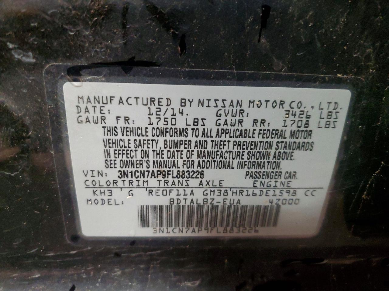 2015 Nissan Versa 1.6 Sv Black vin: 3N1CN7AP9FL883226