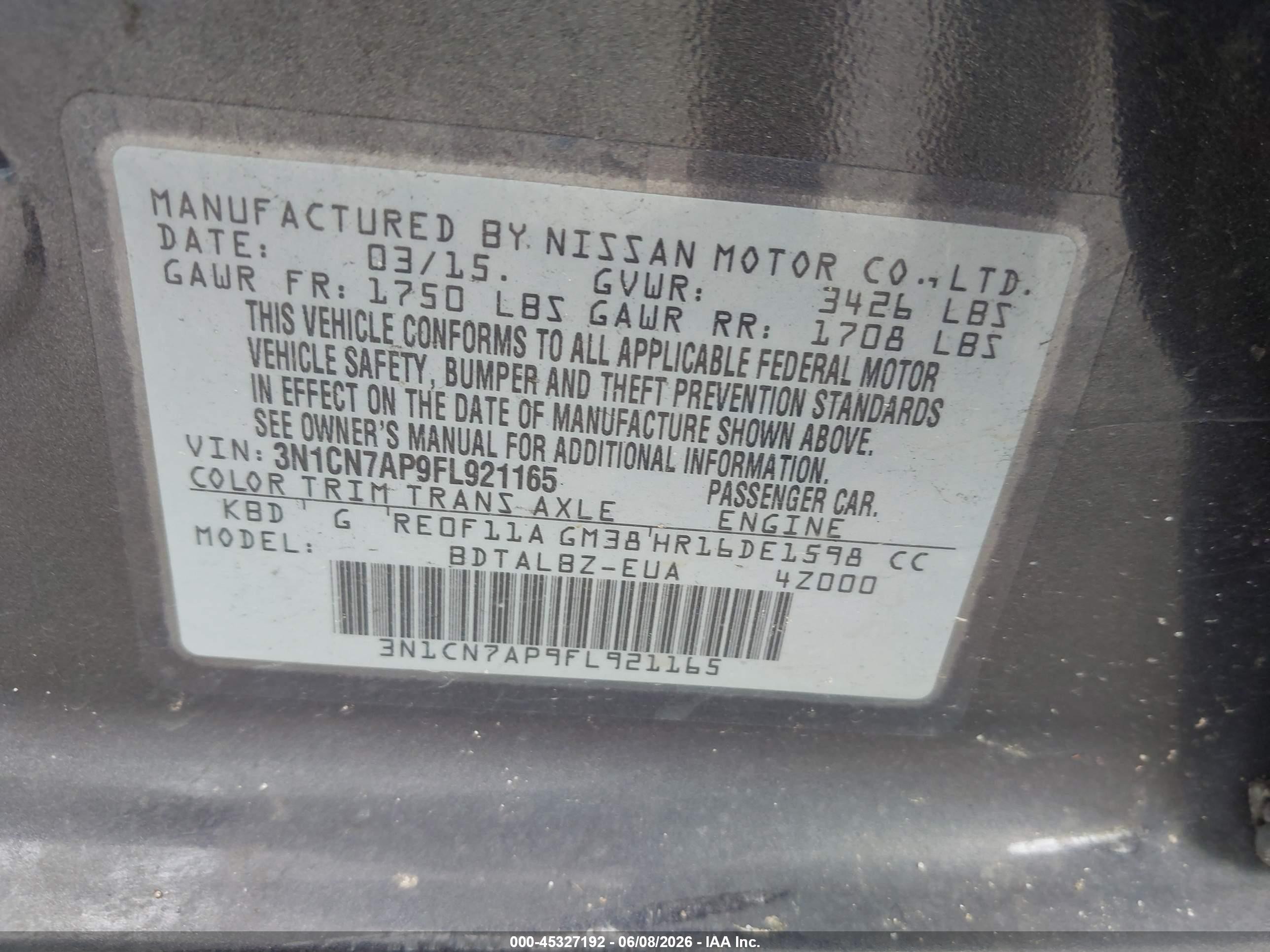 2015 Nissan Versa 1.6 Sv Gray vin: 3N1CN7AP9FL921165
