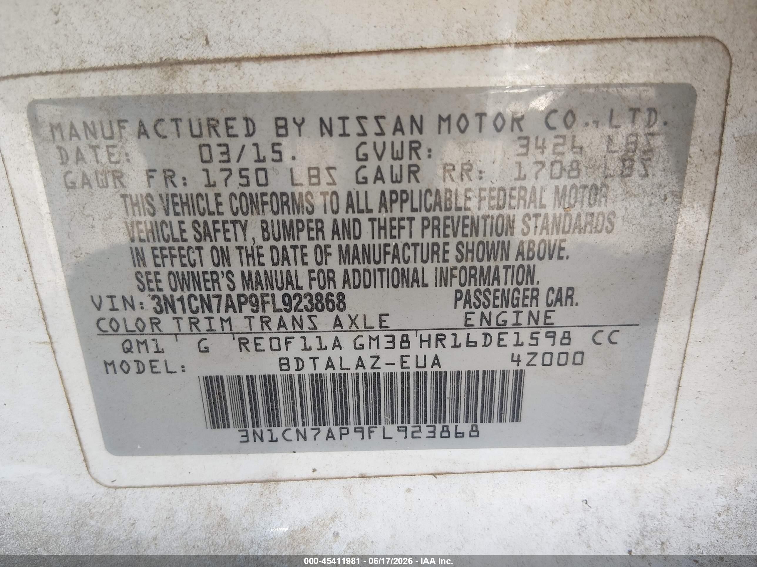 2015 Nissan Versa 1.6 S+ White vin: 3N1CN7AP9FL923868
