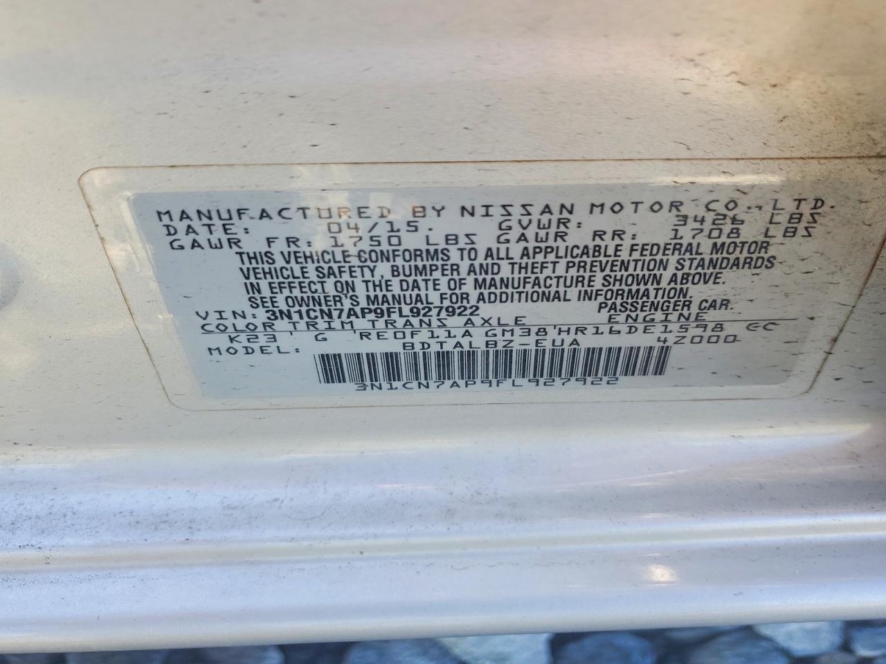 2015 Nissan Versa 1.6 Sv Серебряный vin: 3N1CN7AP9FL927922