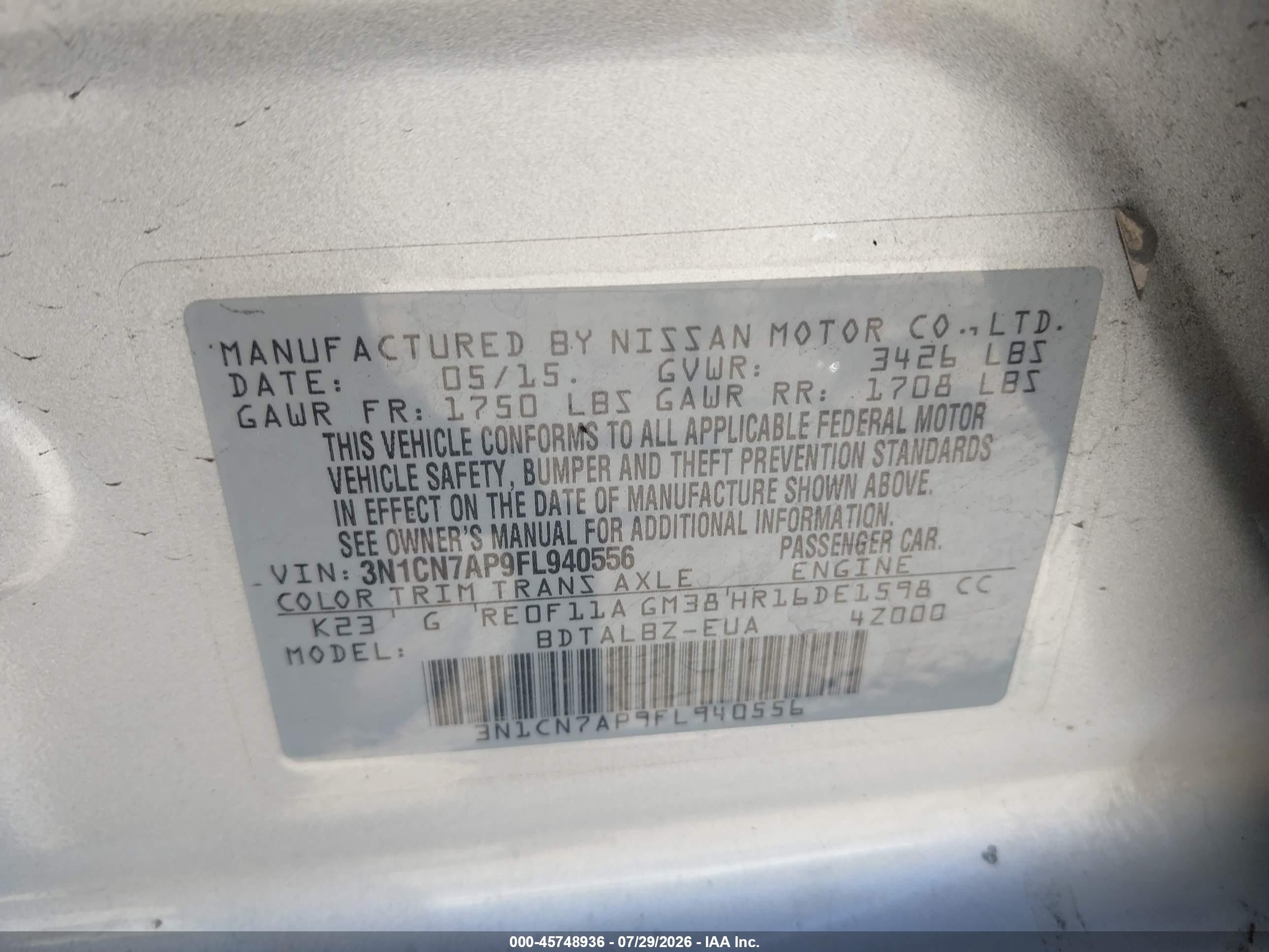2015 Nissan Versa 1.6 Sv Silver vin: 3N1CN7AP9FL940556