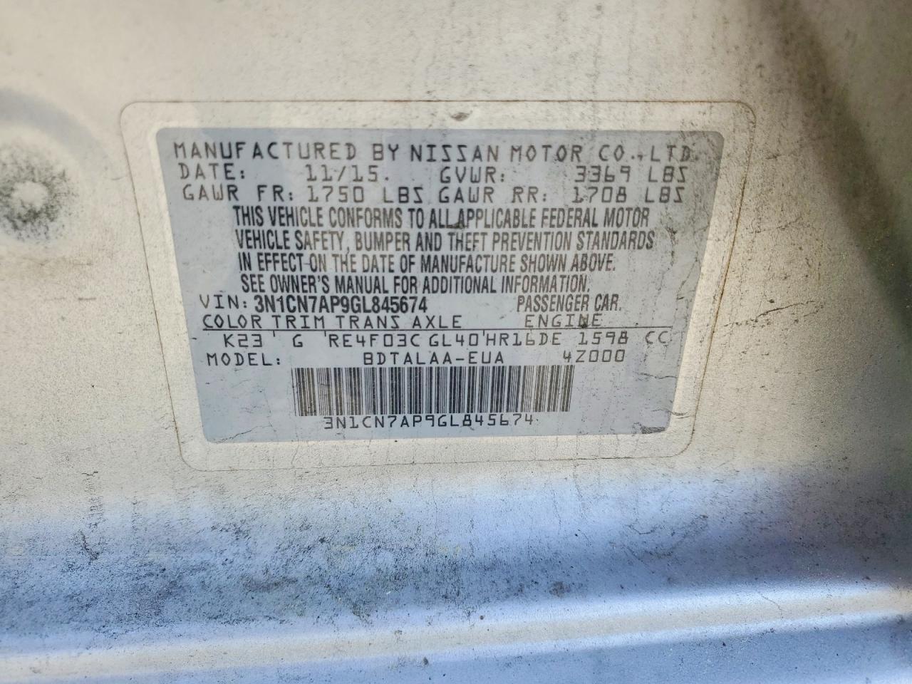 2016 Nissan Versa 1.6 S Silver vin: 3N1CN7AP9GL845674