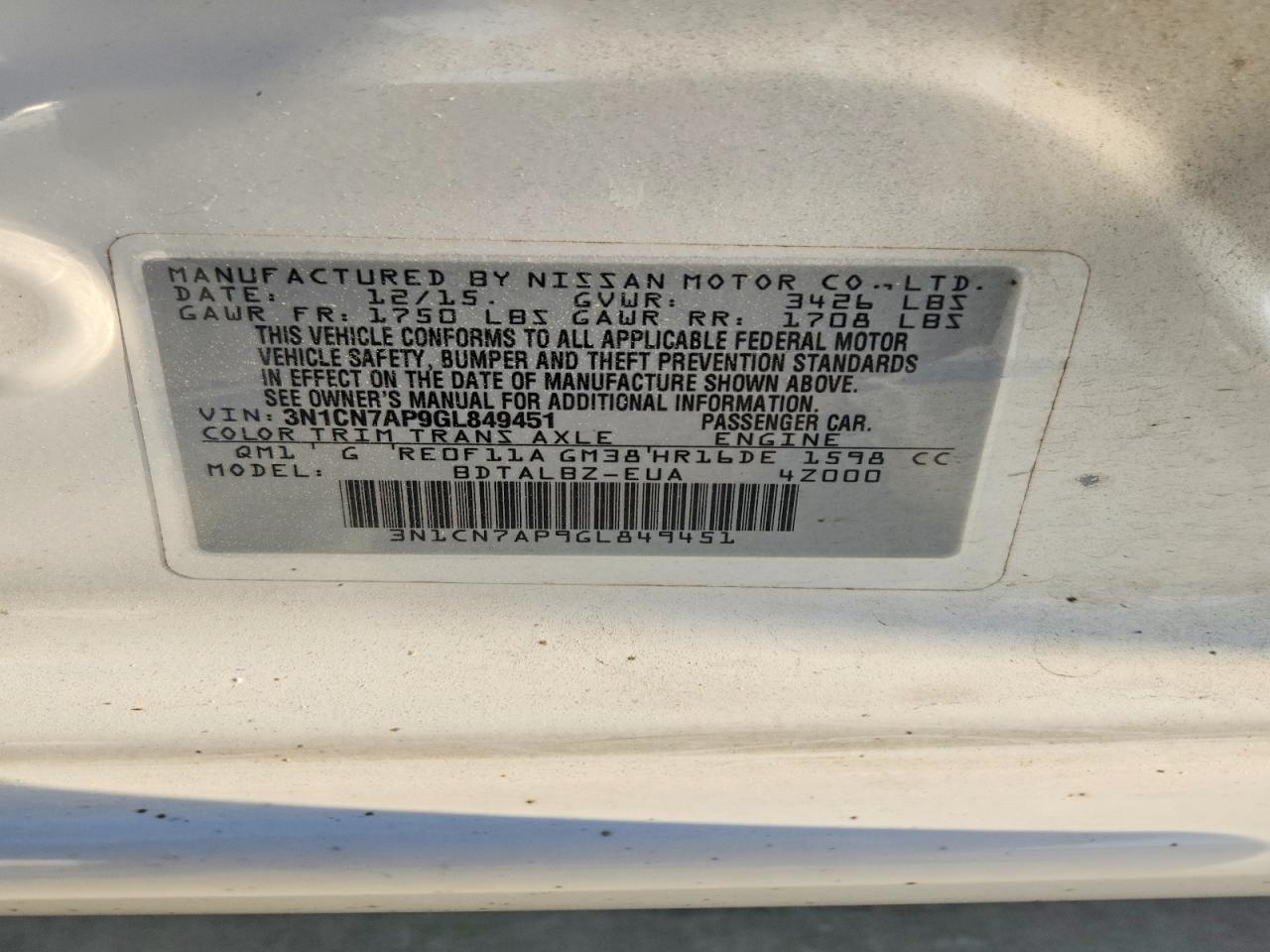 2016 Nissan Versa 1.6 Sv White vin: 3N1CN7AP9GL849451